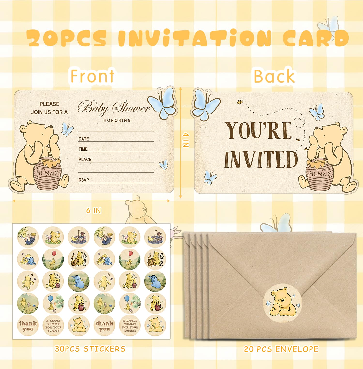 Winnie Baby Shower, Winnie Baby Shower Invitations, Winnie Invitations with Envelopes and Stickers, Winnie Birthday Party Invitations, Winnie Baby Shower Invitations Card Party Decorations Pack of 20