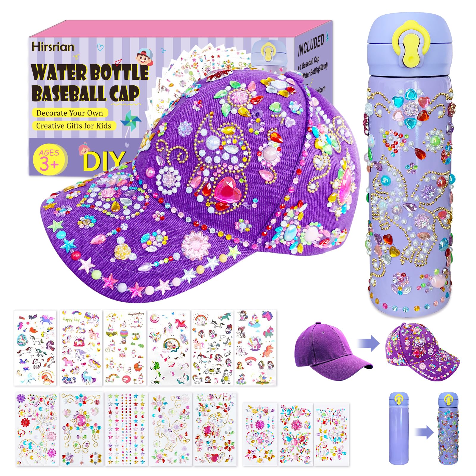 Gifts for Girls DIY Water Bottle and Baseball Cap, Make Their Own Unique  Craft Kits for Kids with Sheets of Unicorn Stickers Glitter Gems