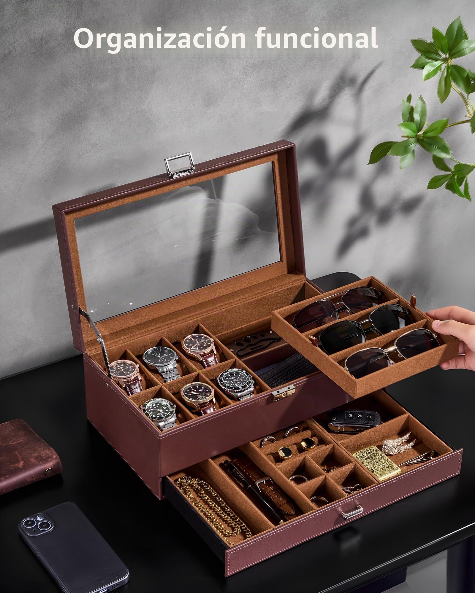 ProCase Caja Joyero para Hombres con Cerradura, 6 Espacios Relojes, PU Cuero, Marrón