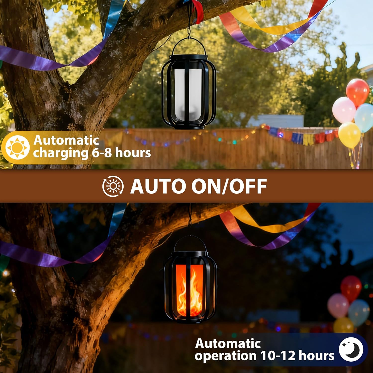 Solar Lanterns Outdoor Lights, 2 Pack Flickering Flame Garden Lights with 2 Modes Dual Charging USB & Solar, Outdoor Waterproof Hanging Lantern for Halloween Party Holiday Decor - Image 2