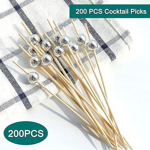 Miniatura 2 de Palillos de cóctel, 200 palillos de dientes para aperitivos, brochetas de cóctel de bambú de 4.7 pulgadas para aperitivos, palillos de dientes de