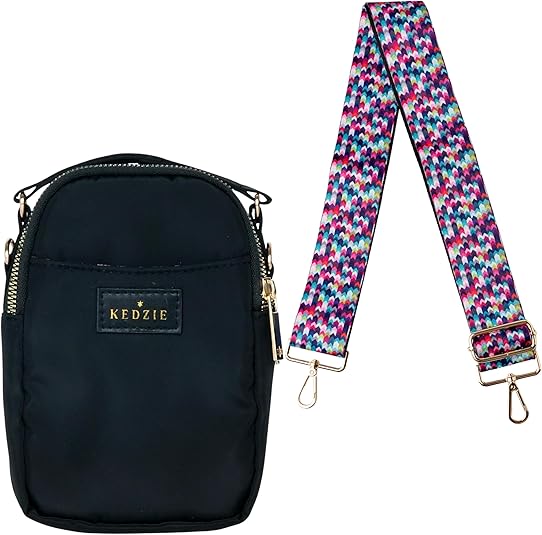 KEDZIE Crosstown Crossbody Zipper Bag (Black) & Interchangeable 2Inch