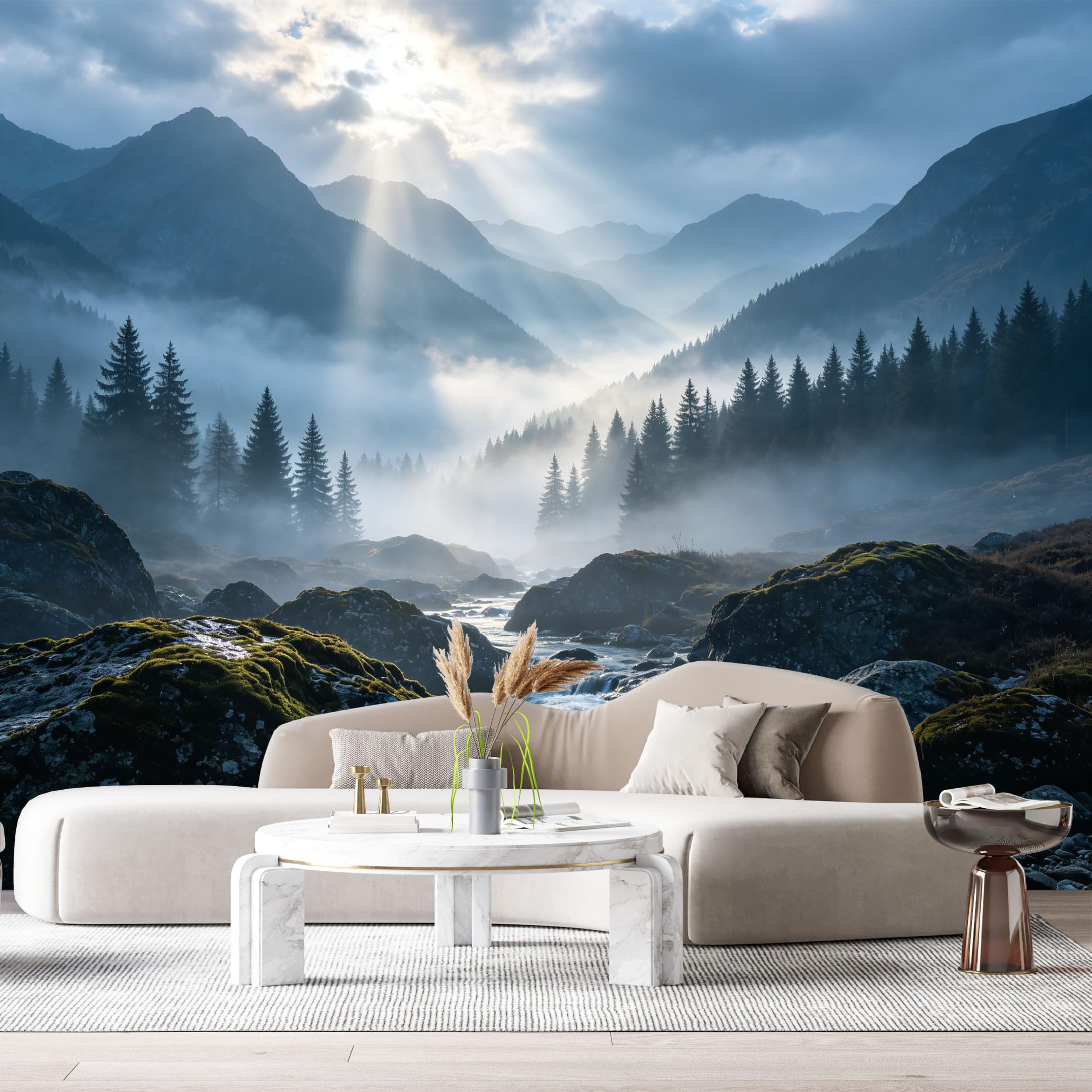 Custom Size Wall Murals Misty Mountain Landscape River Valley Forest Sunrise SelfAdhesive Wall Fabric Removable Large Wallpaper for Photo Living Room