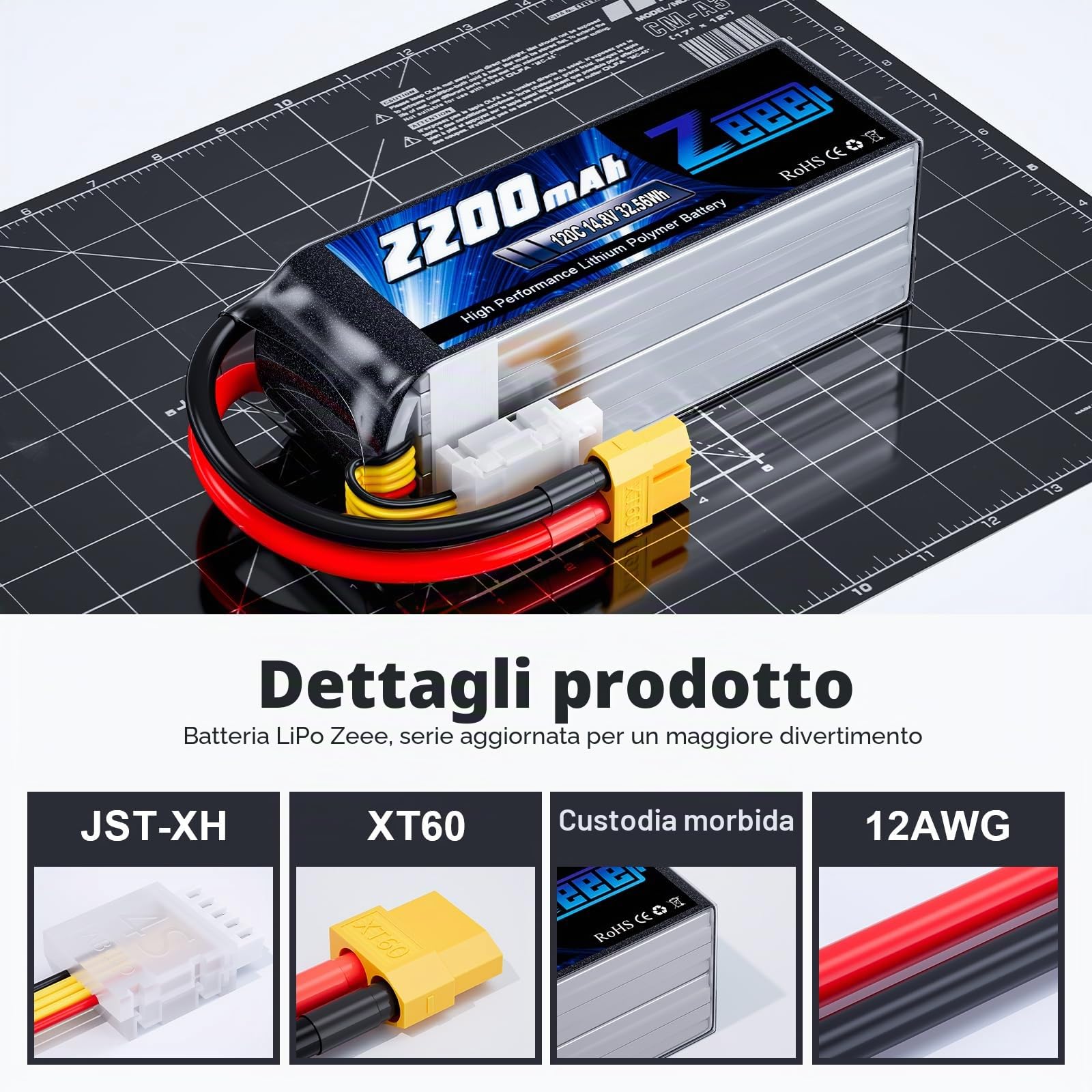 Zeee 4S Lipo 14,8V 120C 2200mAh Batteria con Connettore XT60 (2 pezzi) | Batteria RC per FPV Racing UAV Drone Veicolo a quattro assi elicottero RC Nave Veicolo Modells