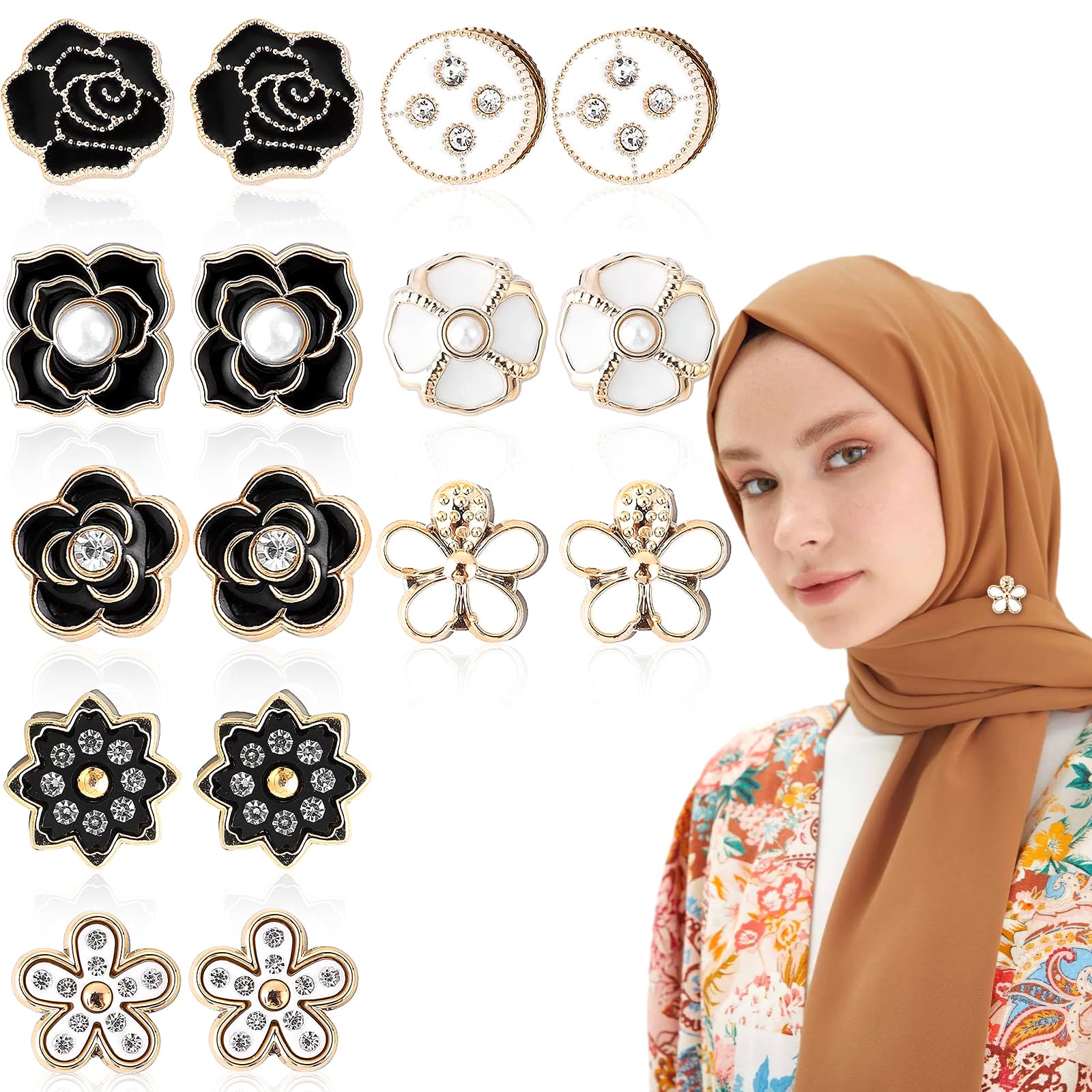 SUWIWKKOAHijab Magnet Strong 8 Pair Hijab Pins Small Magnetic Hijab Buttons Strong Multi-Use Small Hijab Buttons Purpose Flower Shaped Clothing Shawl Muslim Scarf Hijab Pinsfor Women Girls