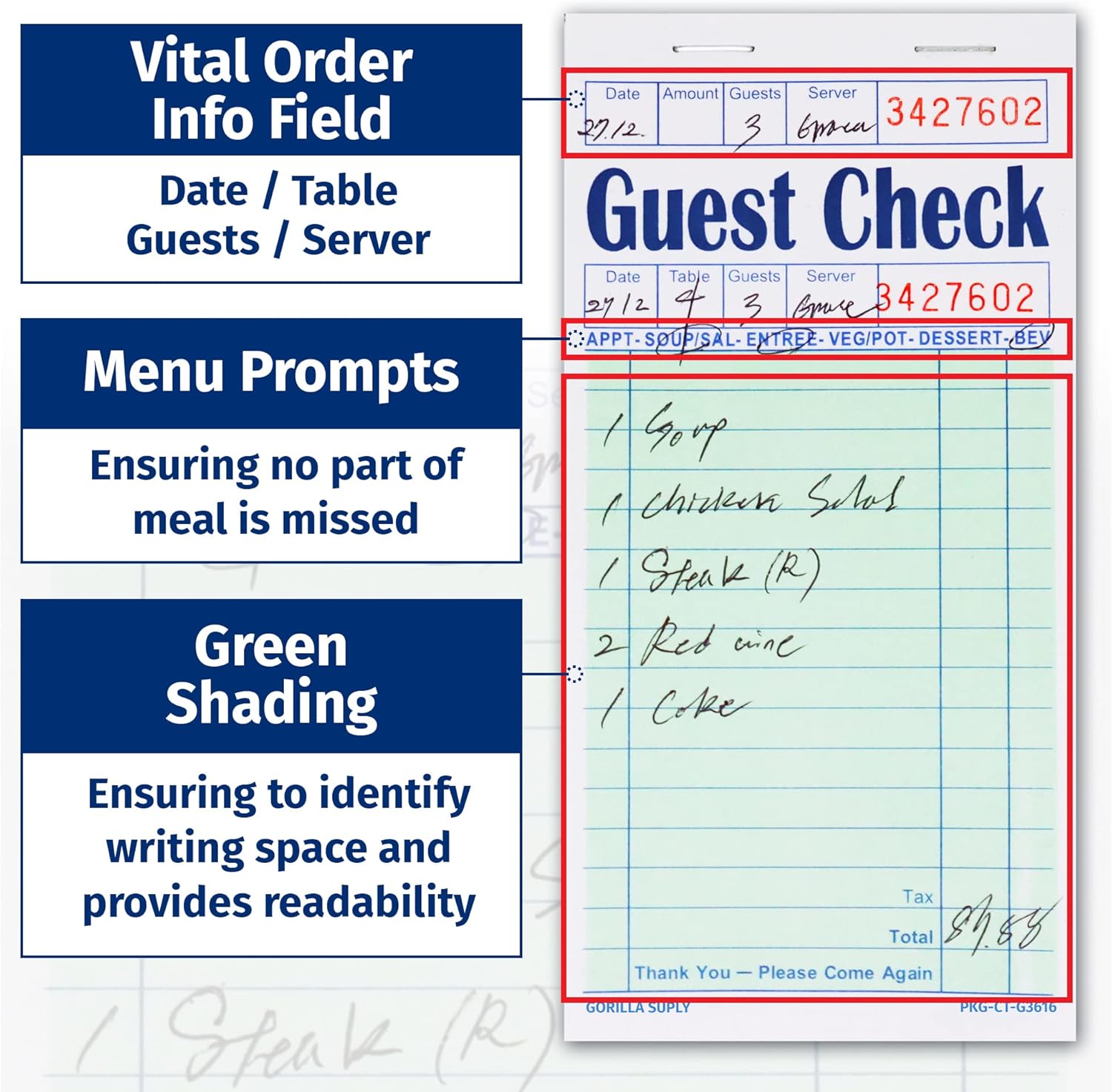 [5000] Gorilla Supply Guest Check Book 3.4" x 6.73" Server Notepads Order Pad for Waiter and Waitress, Bond Single Part Perforated Checks, Green, 5000 (5 pkg x 100 Checks x 10 Books)