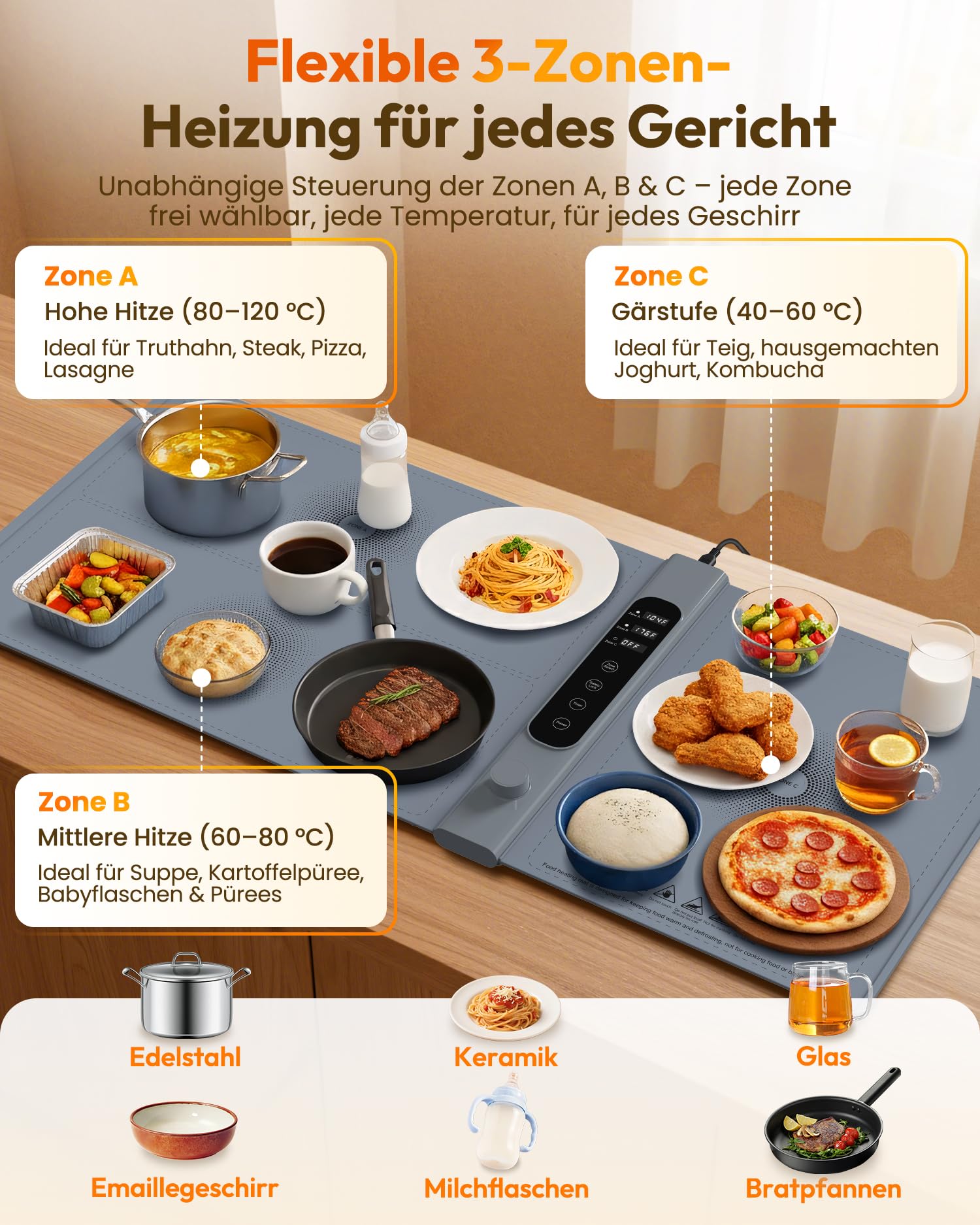3-Zonen unabhängige Warmhalteplatte für Speisen 101×43 cm XXL, Elektrische Speisenwärmer mit 17 Temperaturstufen & 1–6 h Timer, Silikon-Rollbarer Buffetwärmer & Wärmeplatte Essen für Party-Buffets