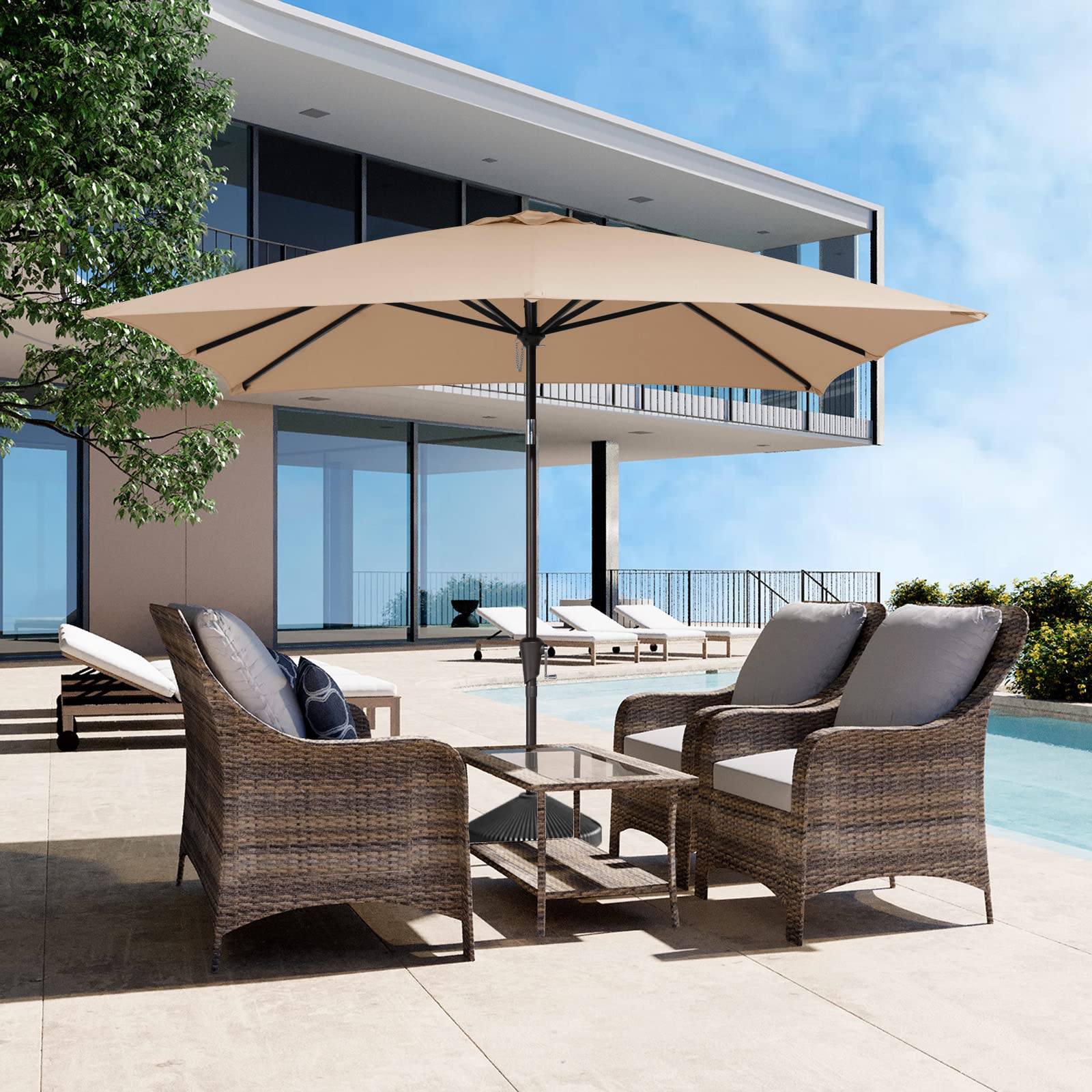 JEAREY 6.5'x10' Rectangular Patio Umbrellas Outdoor Large Market Umbrella With Push Button Tilt and Crank Lift System 6 Sturdy Ribs UV Protection Waterproof Sunproof, Beige