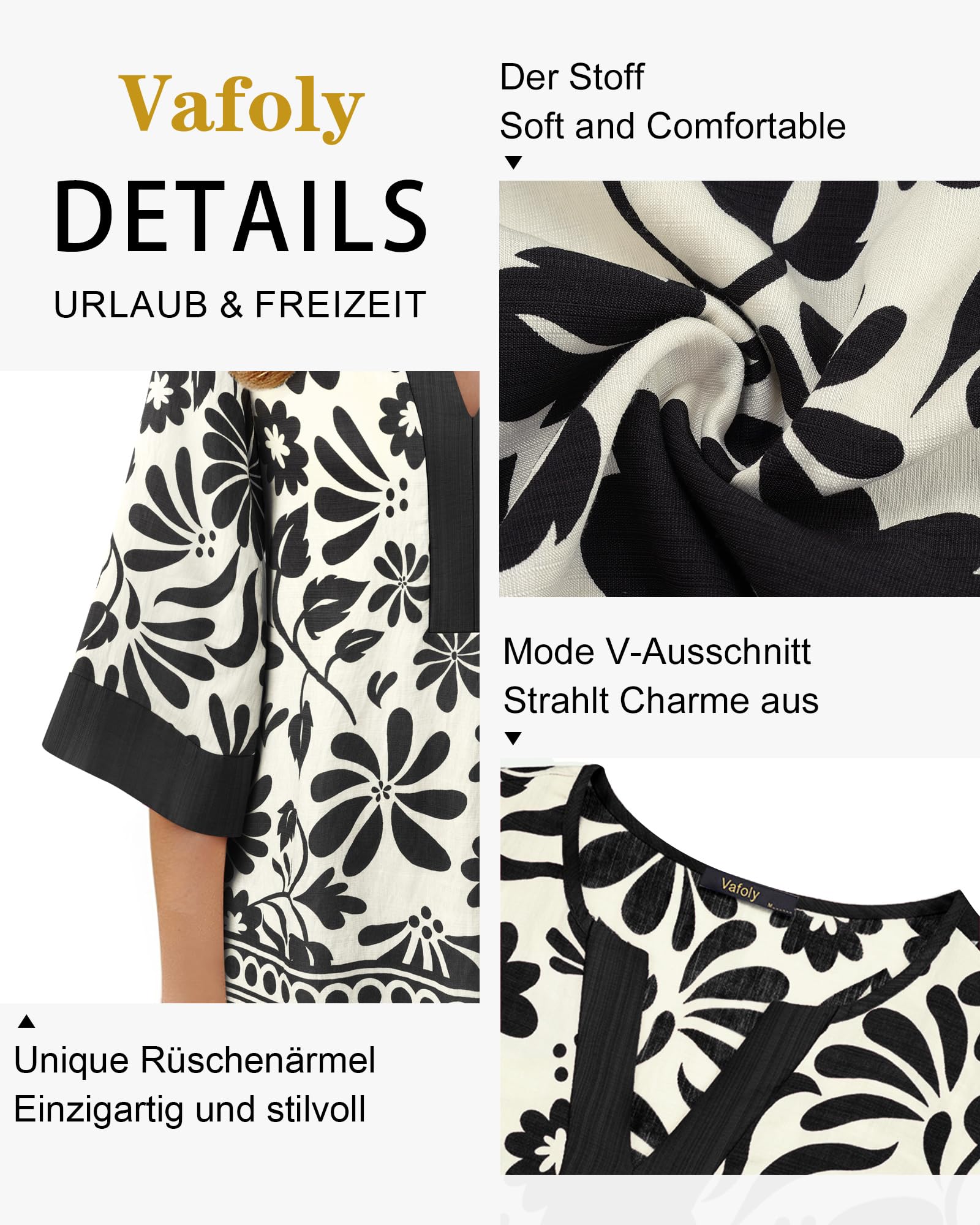 Vafoly Bluse Damen Elegant V-Ausschnitt Bohemian Tunika 3/4 arm Blumenmuster Blusenshirt Frühling-Sommer