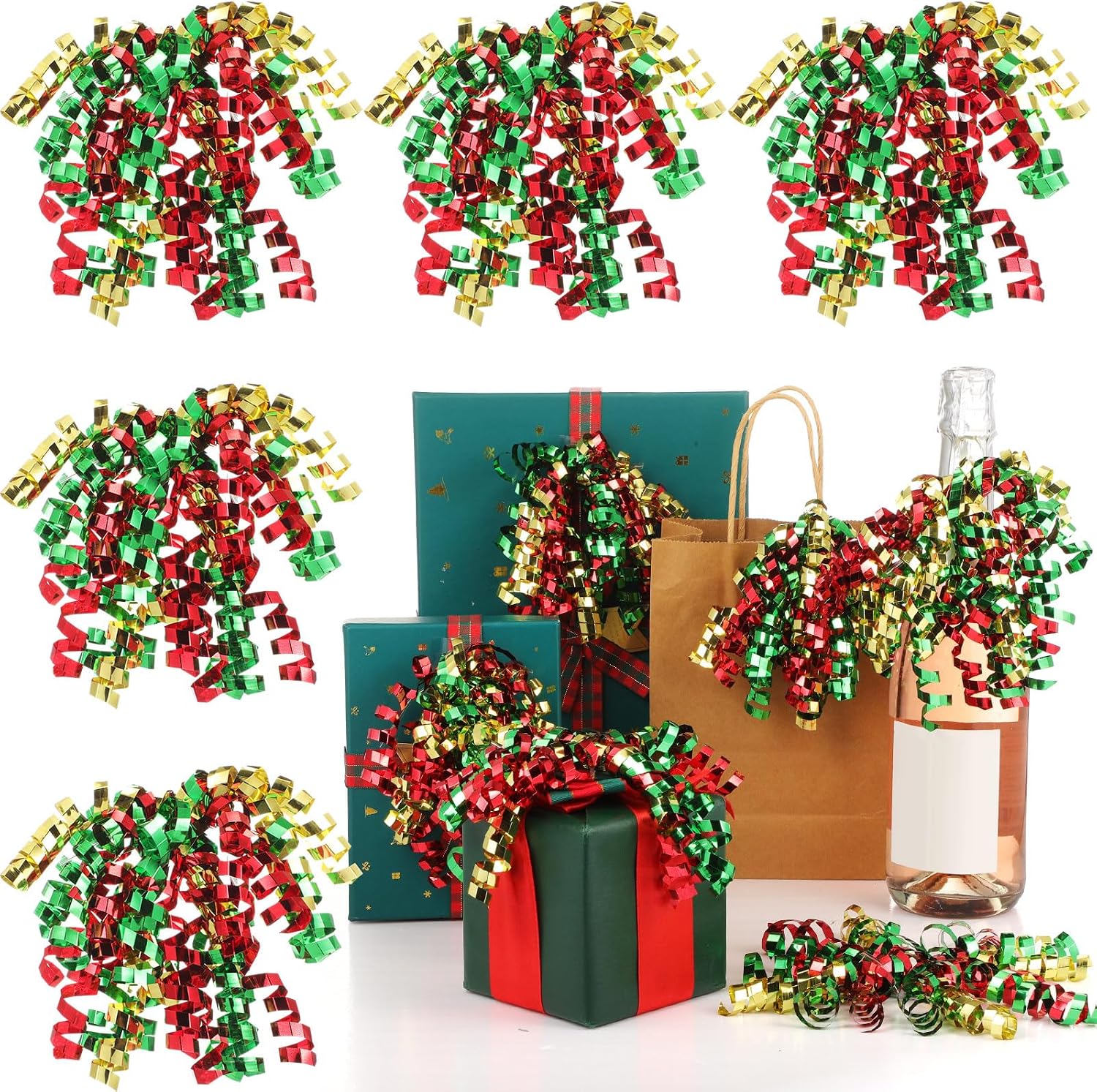 Lyrow 30 Pcs Christmas Curly Bows Self Adhesive Gift Wrap Accessory Xmas Holiday Gift Bows for Gift Wrapping Christmas Presents Wine Bottle Treat Bag Bridal Shower Wedding Party Favor (Gold Red Green)