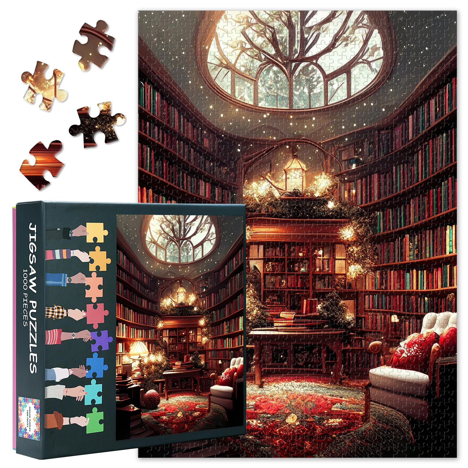 Jigsaw Puzzles 1000 Pieces, 1000 Piece Puzzle for Adults Antique Library with Wooden Bookshelves & Vintage Books