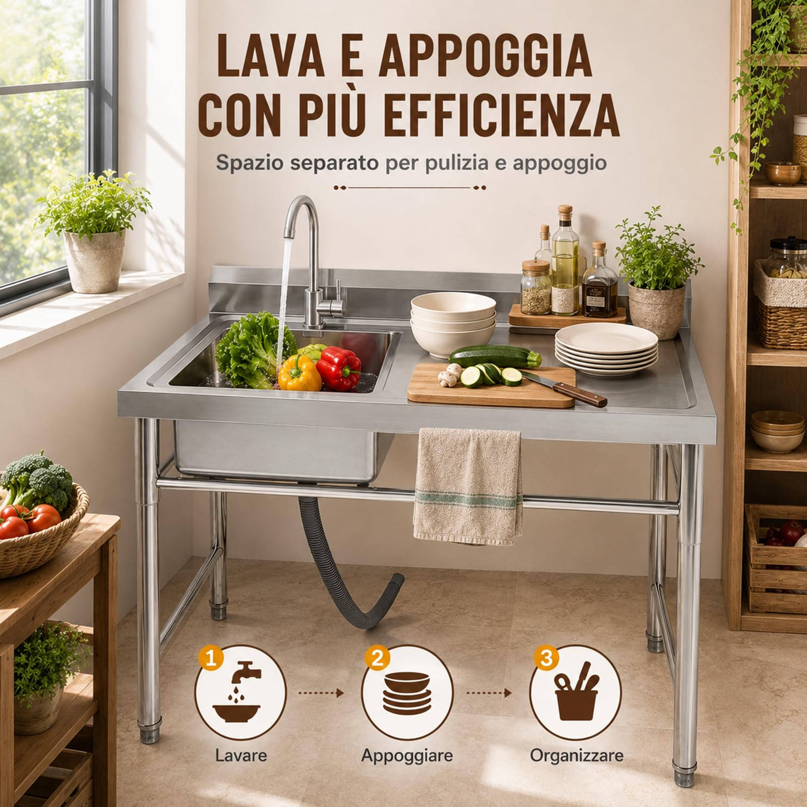 Lavello Inox Professionale 100x60x93 cm Vasca Sinistra e Rubinetto | Vasca sinistra con piano laterale, rubinetto 360°, scarico filtrato, piedini regolabili, struttura stabile fino a 200 kg