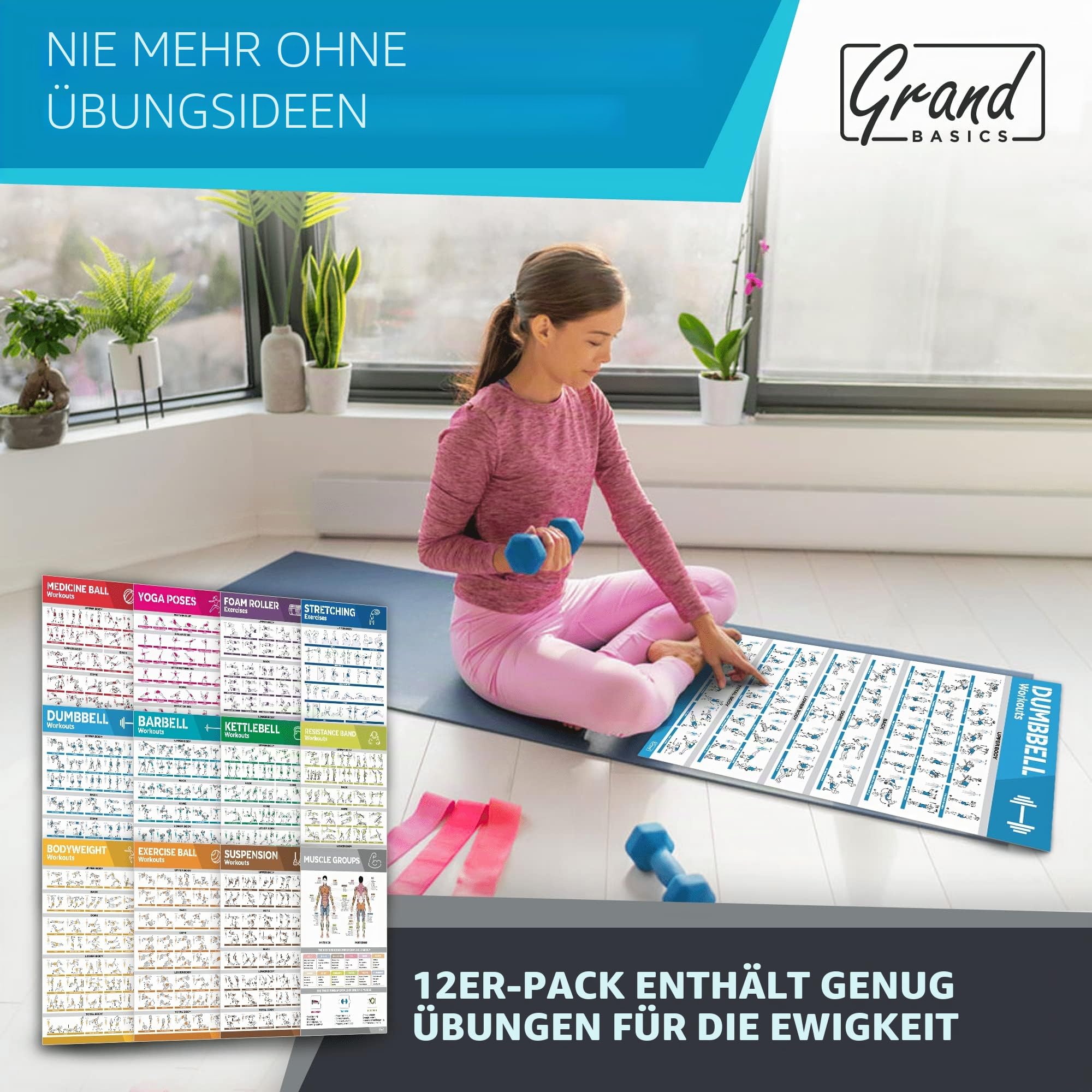 Laminiertes großes Workout-Poster-Set – perfekte Workout-Poster für das Fitnessstudio zu Hause – inkl.Übungstabellen, 12er-Set Hantel-, Yoga-Posen, Widerstandsband-, Kugelhantel-, Stretching- usw.