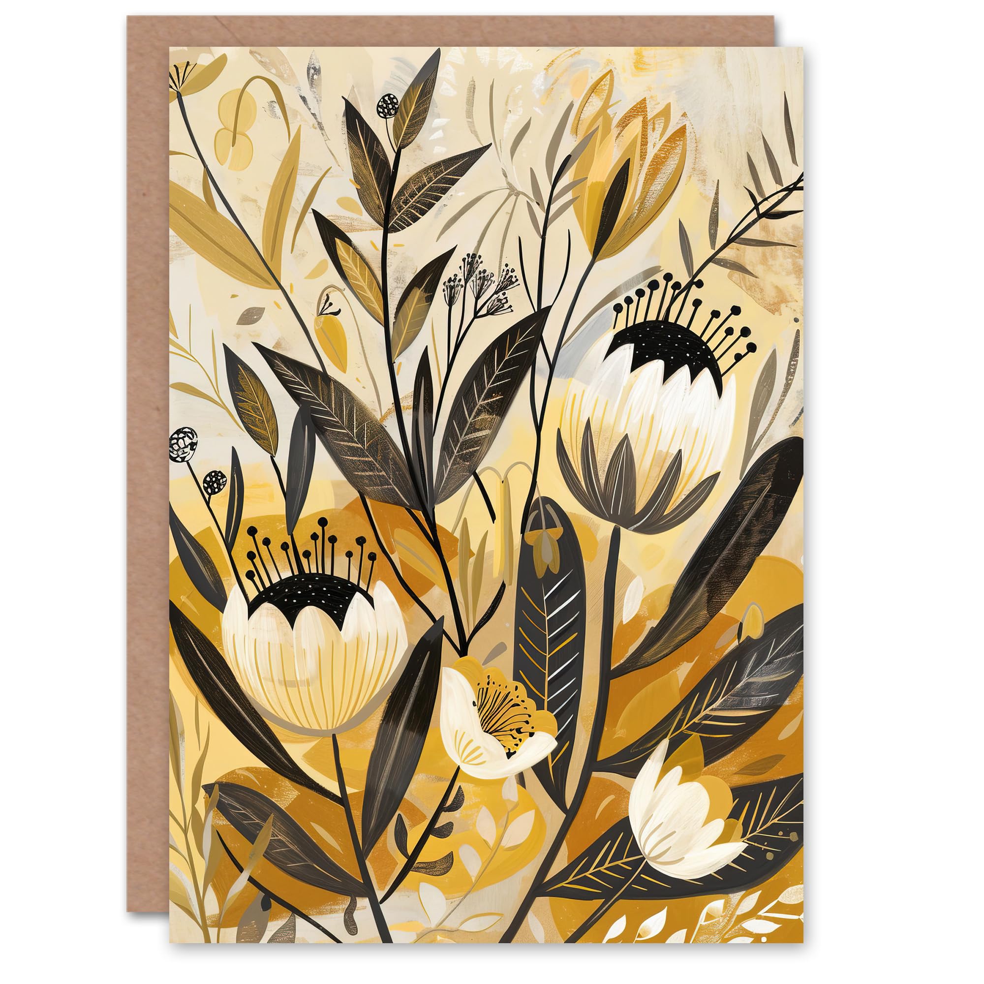 Artery8 Greeting Card Anemone Flowers Mustard Yellow Grey Boho Design For Her Woman Birthday Card