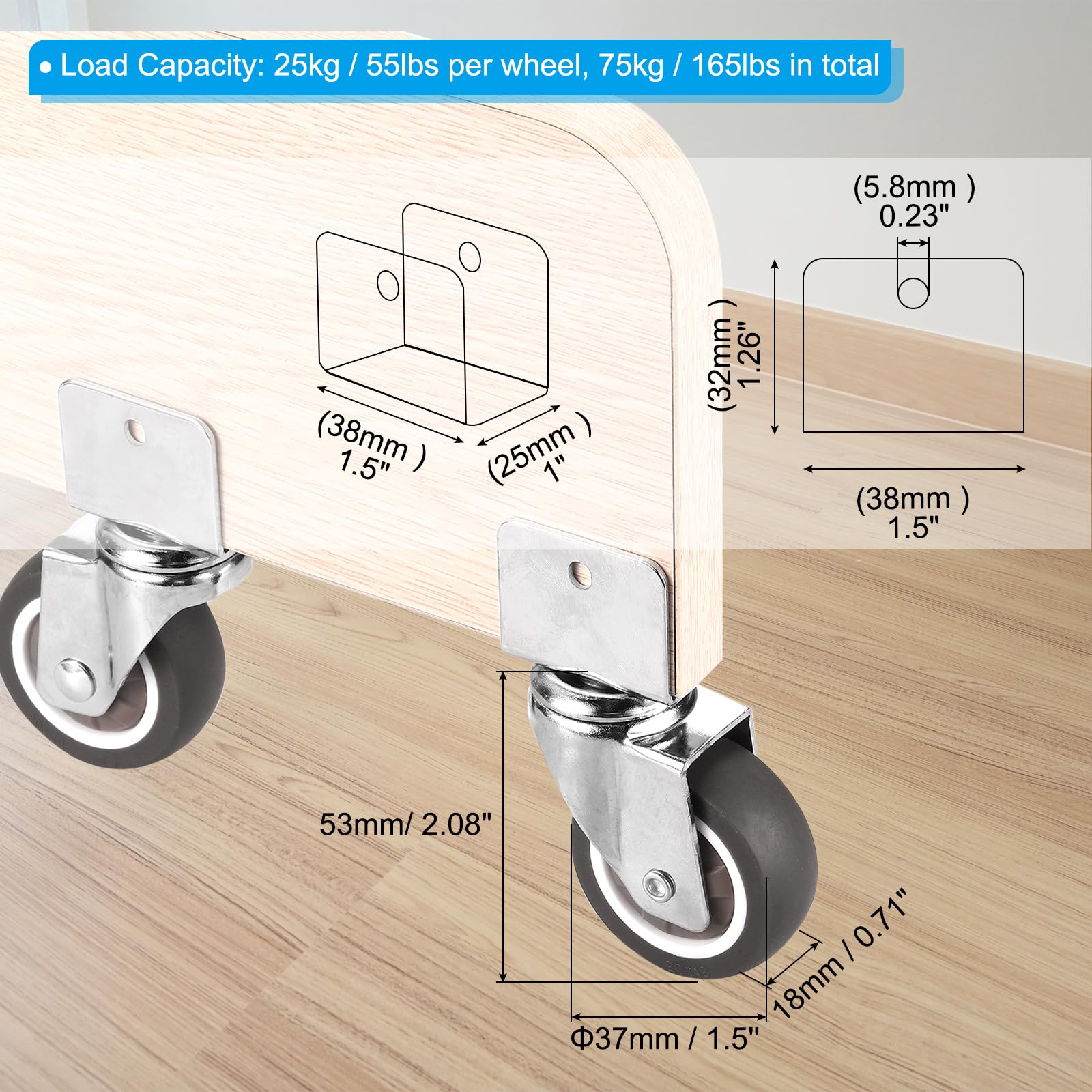 1.5" Ruote girevoli con 1" U Staffa, 4 Set Muto Spostamento Girevole Ruota Totale Carico 165lbs per Armadio Mobili Table(2 con Freno, 2 Senza)