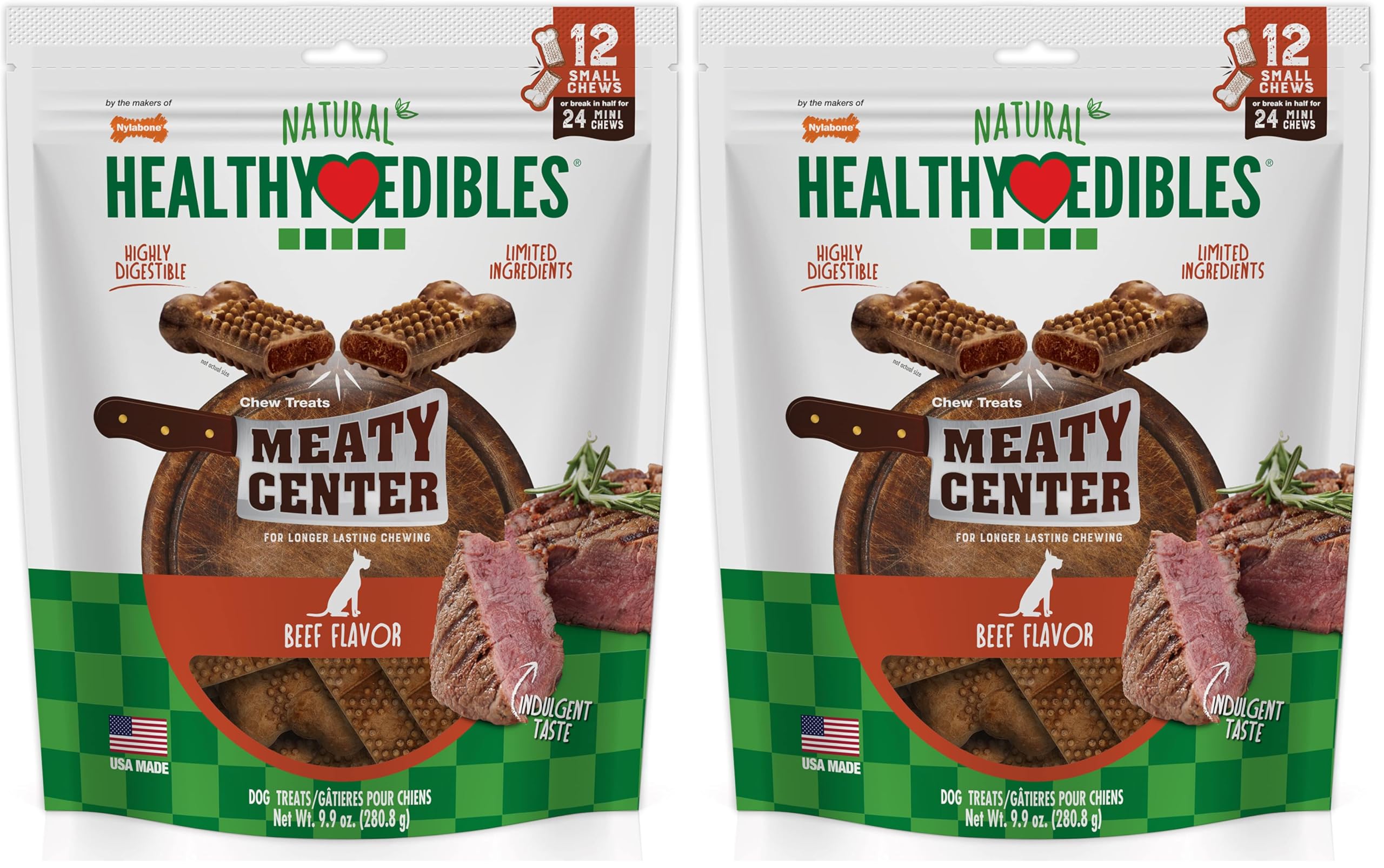 Nylabone Healthy Edibles Natural Dog Chews Long Lasting Meaty Center Beef Flavor Treats for Dogs, Small (12 Count) (Pack of 2)