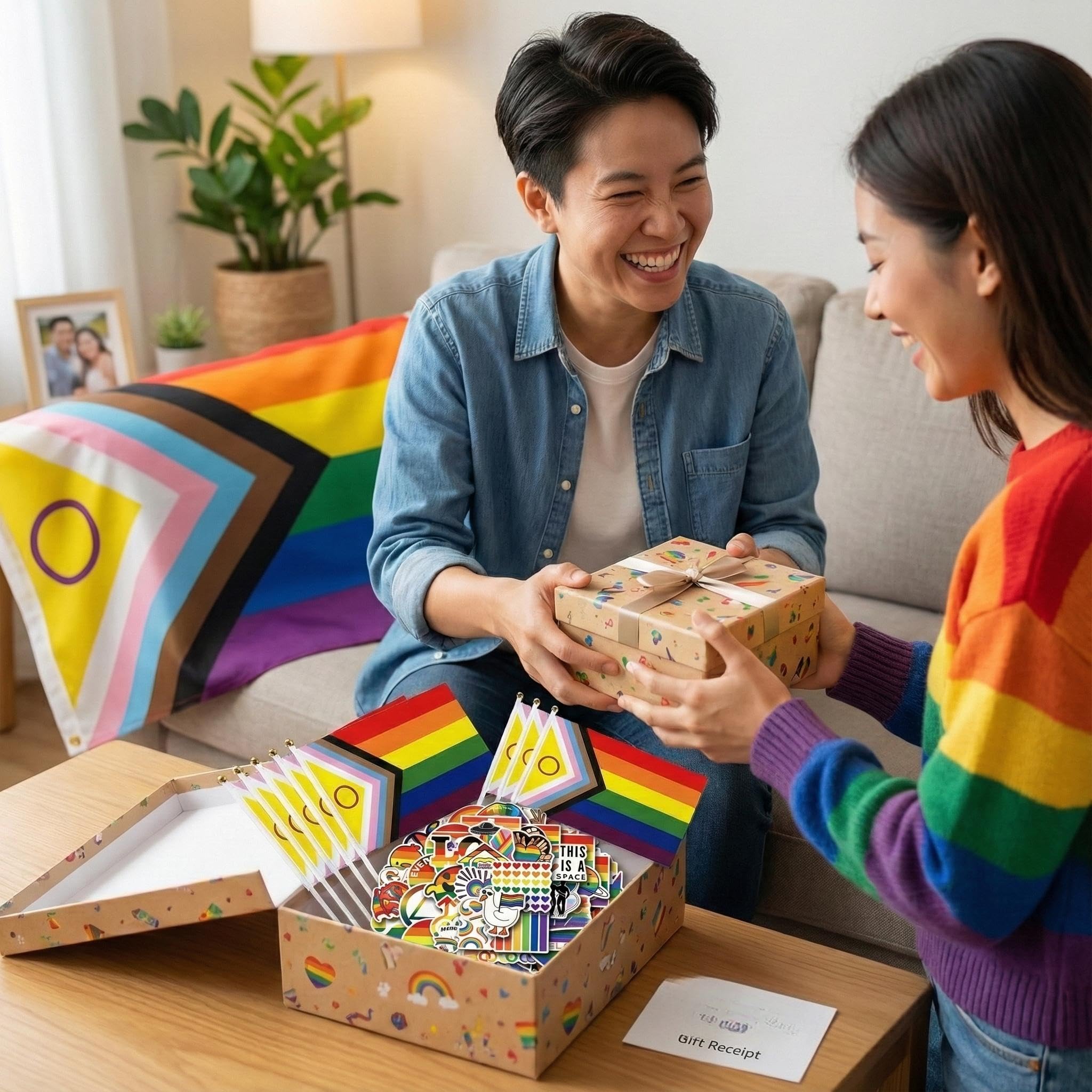 Set di Adesivi e Bandiera Rainbow per Orgoglio LGBTQ, 1 Bandiera Grande, 6 Piccole Bandierine e 55 Adesivi, Decorazioni per Feste e Celebrazioni