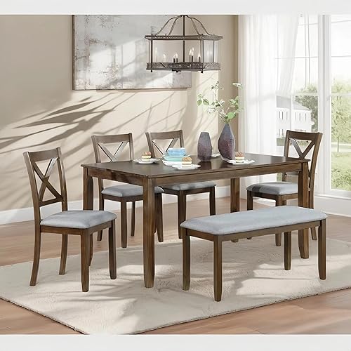 Miniatura 14 de LUMISOL Juego de mesa de comedor de madera maciza de 6 piezas, juego de mesa de cocina de granja con 4 sillas tapizadas y banco para cocina,