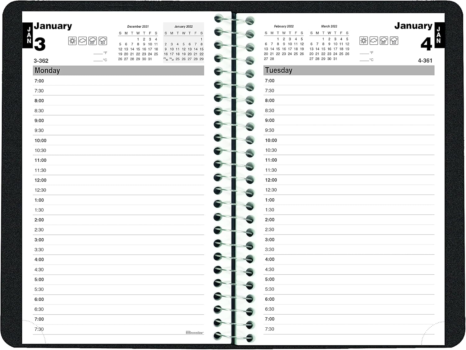 Brownline 2022 Essential Daily Planner, Appointment Book, 12 Months, January to December, Spiral Binding, 8" x 5", Black (C2504.81T-22) : Office Products