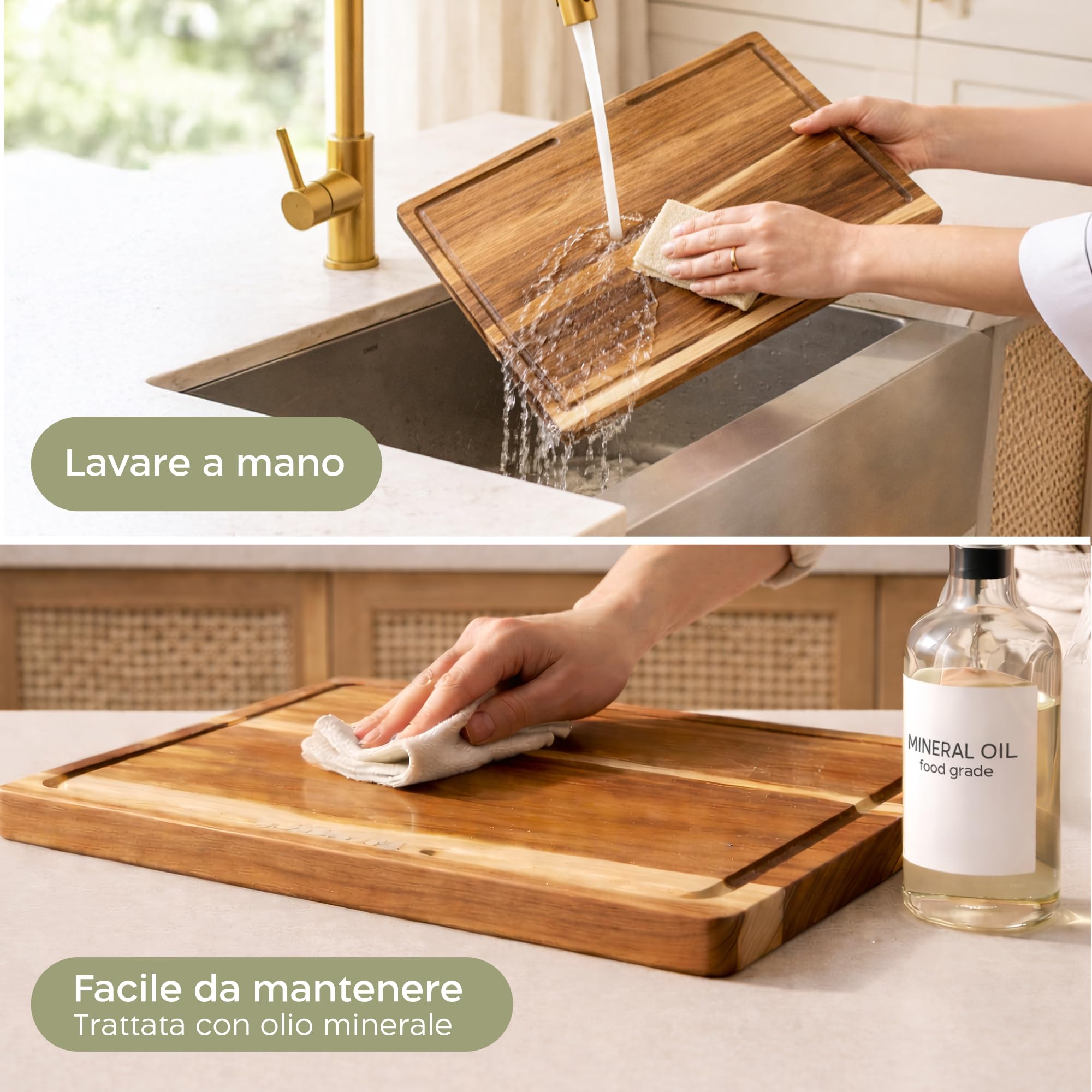 Twinzee Set di 3 Tagliere Legno (40 x 30/33 x 24/26 x 18 cm) in Massiccio di Acacia - Tagliere da Cucina con Supporto, Spessi 2 cm, con Canalina per Succo