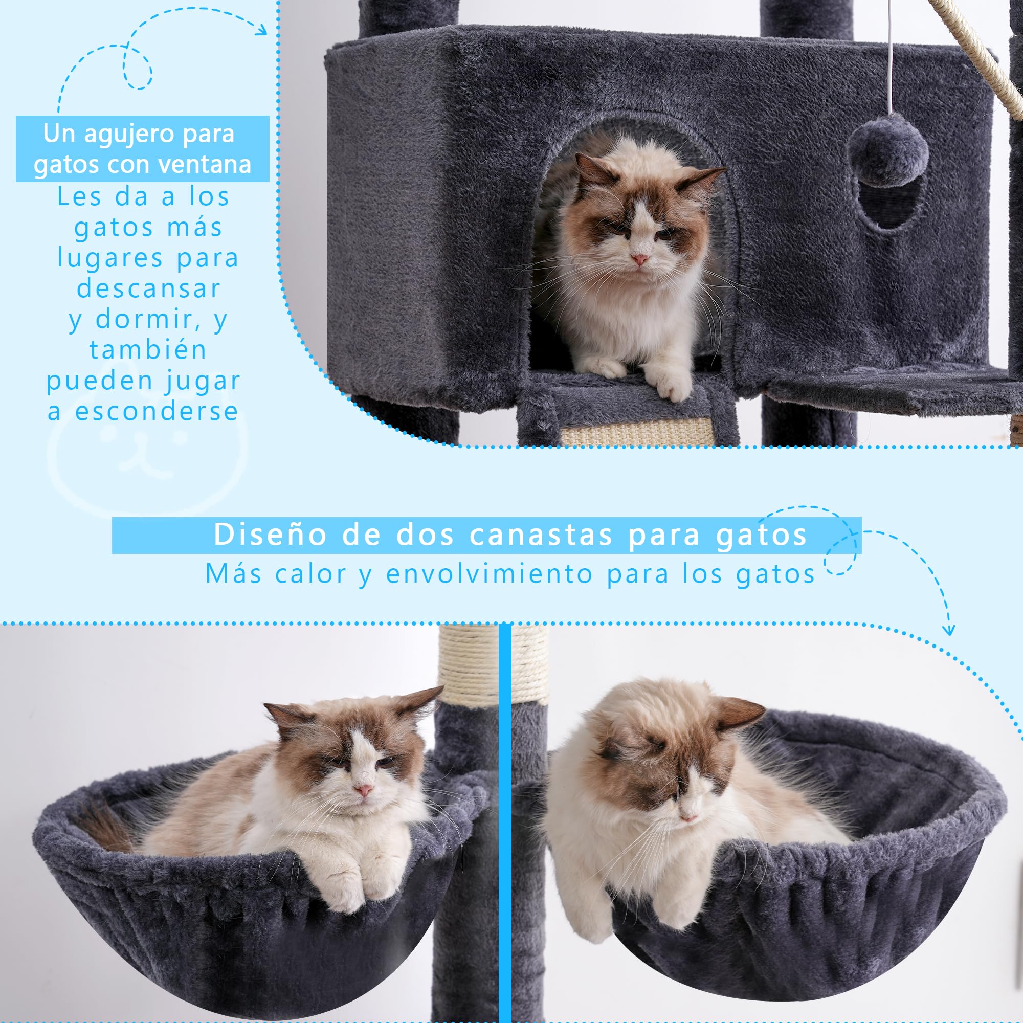 Hey-brother Rascador para Gatos XXL, Altura Ajustable, 250 cm - 280 cm, hasta el Techo, Torre para Gatos Grandes, con Cueva, Color Gris Ahumado 0MPJ091G