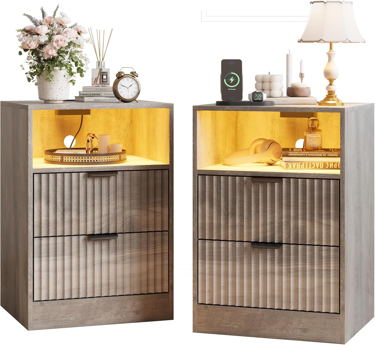 Night Stand Set 2, LED Nightstand with Charging Station, Fluted Nightstands Set of 2 with 2 Drawers, Wood Side Table Living Room, End & Bedside Tables for Bedroom Sofa Office, Wood Gray