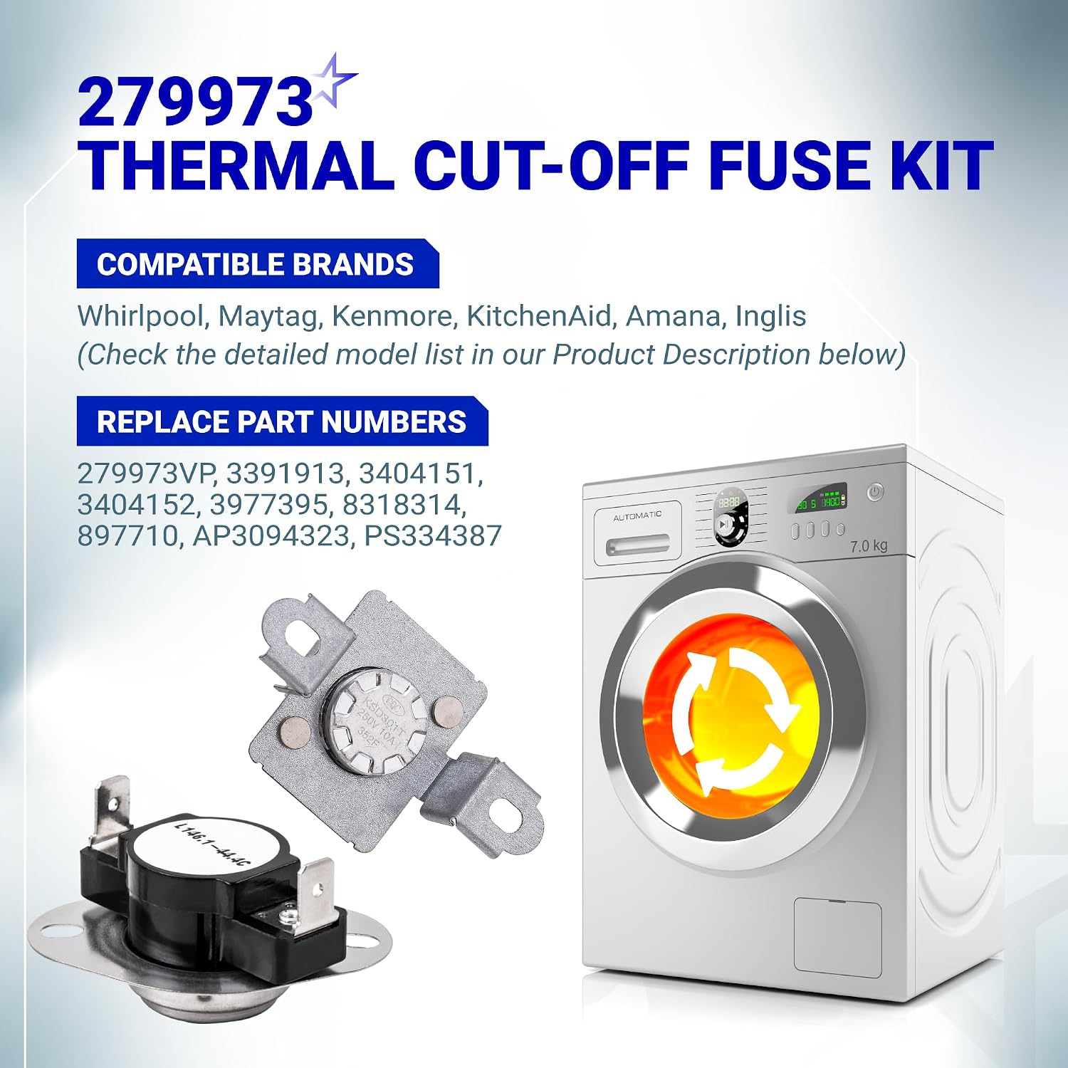 BlueStars 279973 Dryer Thermal Cut-Off Fuse Kit - Compatible with Whirlpool Kenmore Maytag KitchenAid Electric Dryer Replacement Fuse Parts - Replaces 8318314 3391913 AP3094323 PS334387 279973VP