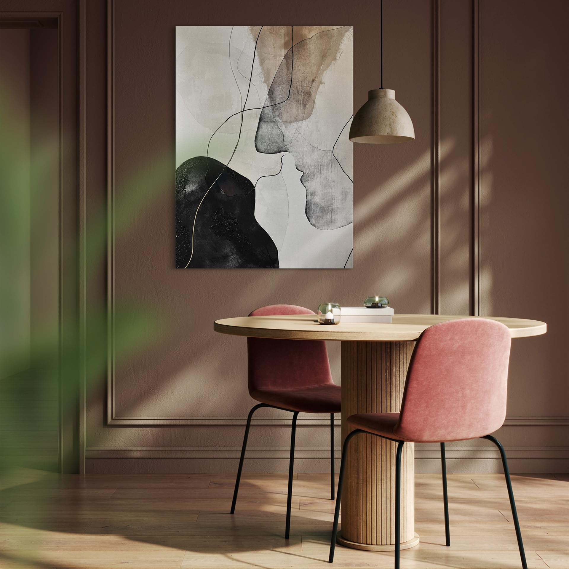 STYLER Quadro su tela Kiss 70 x 100 cm - Disegno di linee astratte in tonalità beige, nere e naturali - Moderna tela dipinta a mano della collezione Whispers of Form