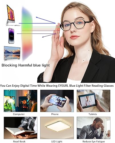 Miniatura 4 de EYEURL Gafas de lectura para mujeres, paquete de 4 gafas de lectura con bloqueo de luz azul, diseño vintage, marco en forma de diamante, bisagra de