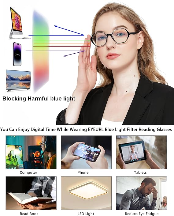 EYEURL 4-Pack Reading Glasses for Women Blue Light Blocking Readers 2.0