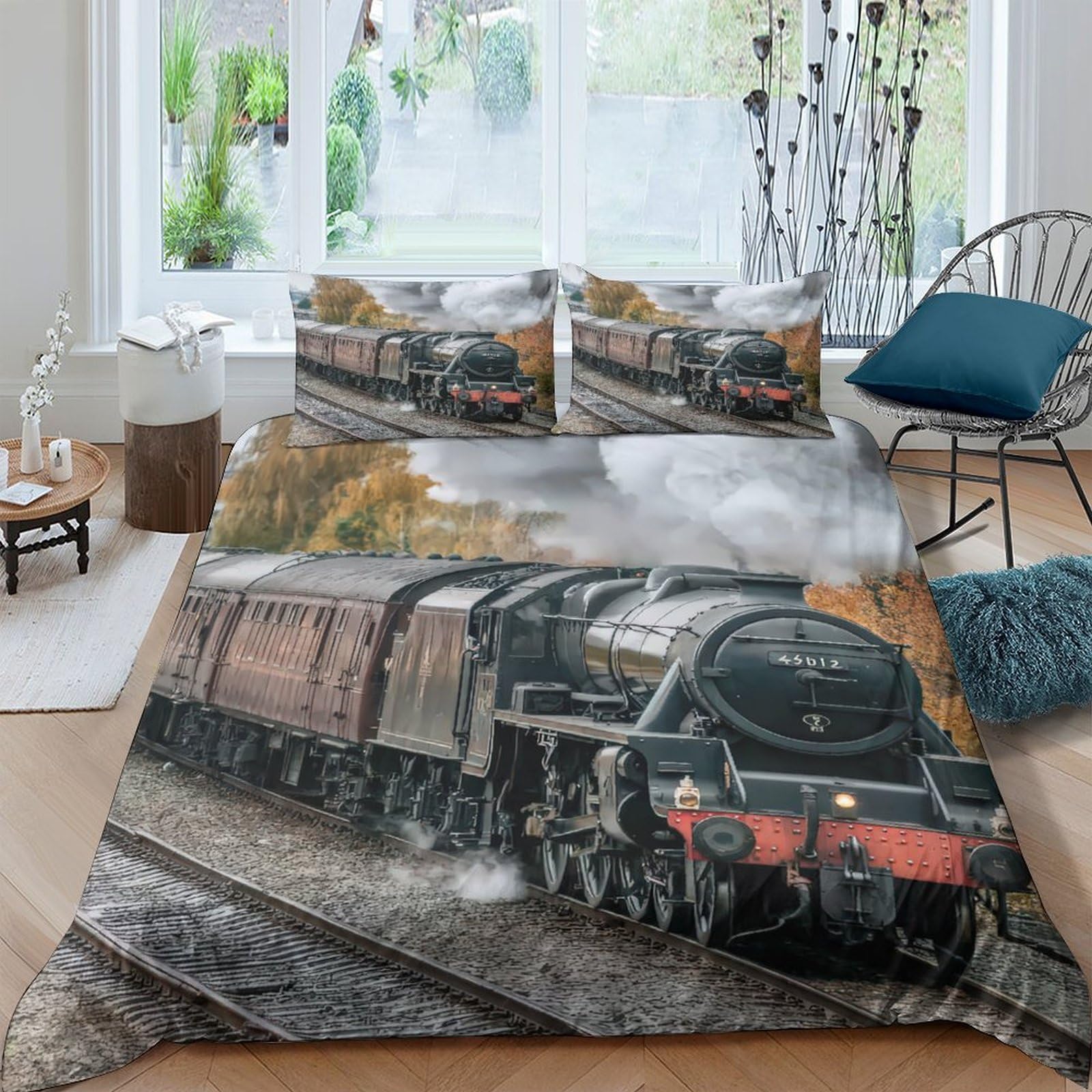 Ctjqhvkz Style-4 3D Printed Steam Train Fitted Sheet Microfiber Soft Breathable Autumn Railway Bed Cover For Bedroom Dorm Decor Single（135X200cm）