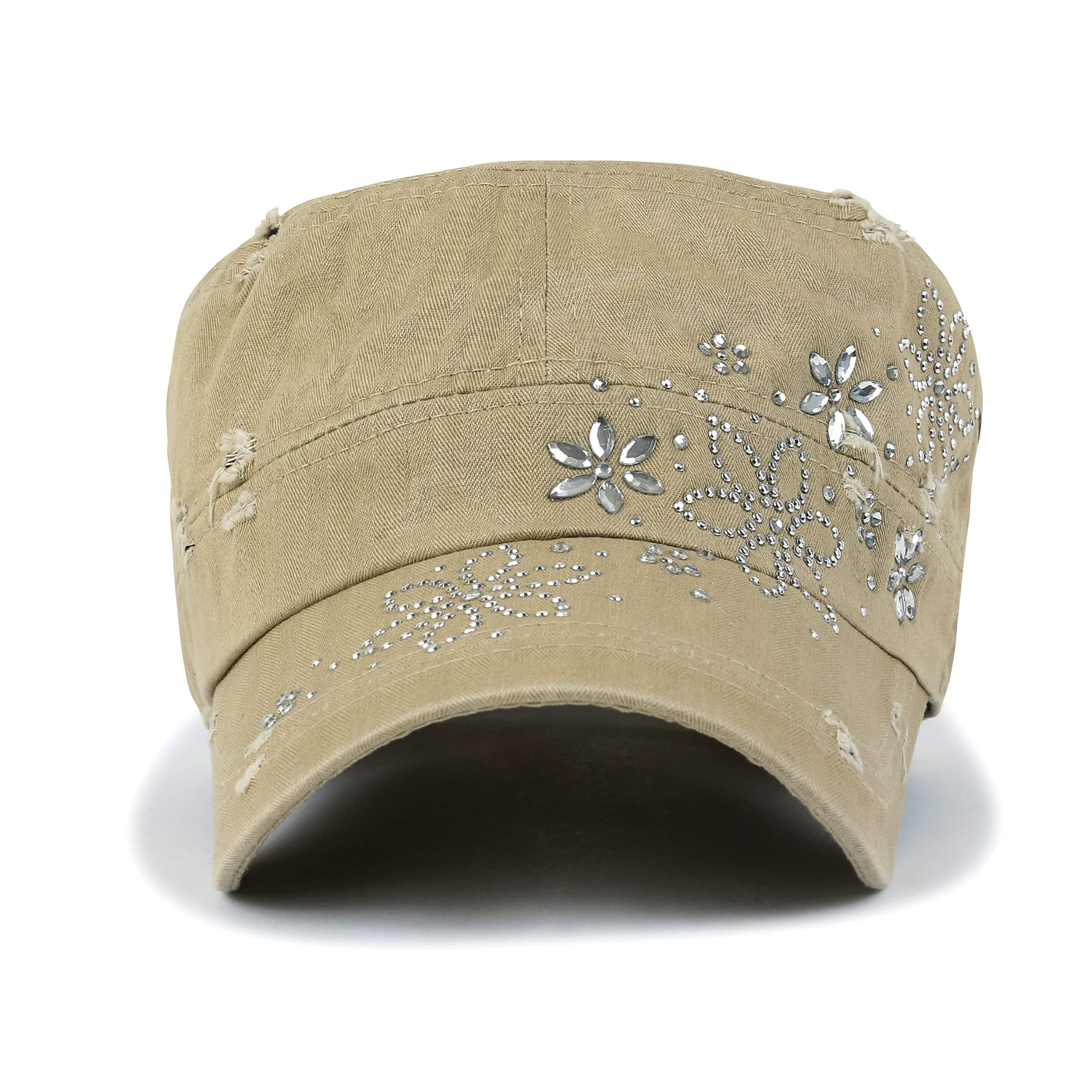 ililily Crystal Gemstone Stud Flower Vintage Cotton Military Army Hat Short Brimmed Cadet Cap (Large, Beige Flower)