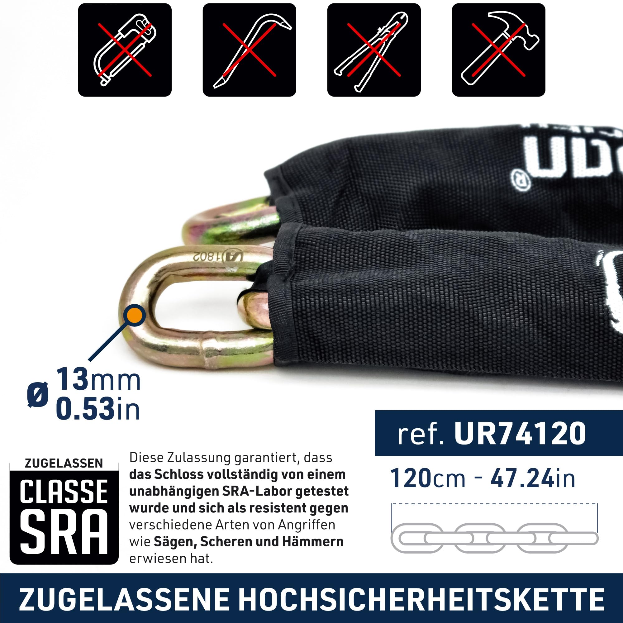 URBAN UR74120 Motorradschloss Scheibenschloss Hochsicherheits-Motorrad Diebstahl-Vorhängeschloss Diebstahlsicherung Homologiert SRA, Mini Bügelschloss + Kettenschloss ø13,5, 120 cm, Gelb