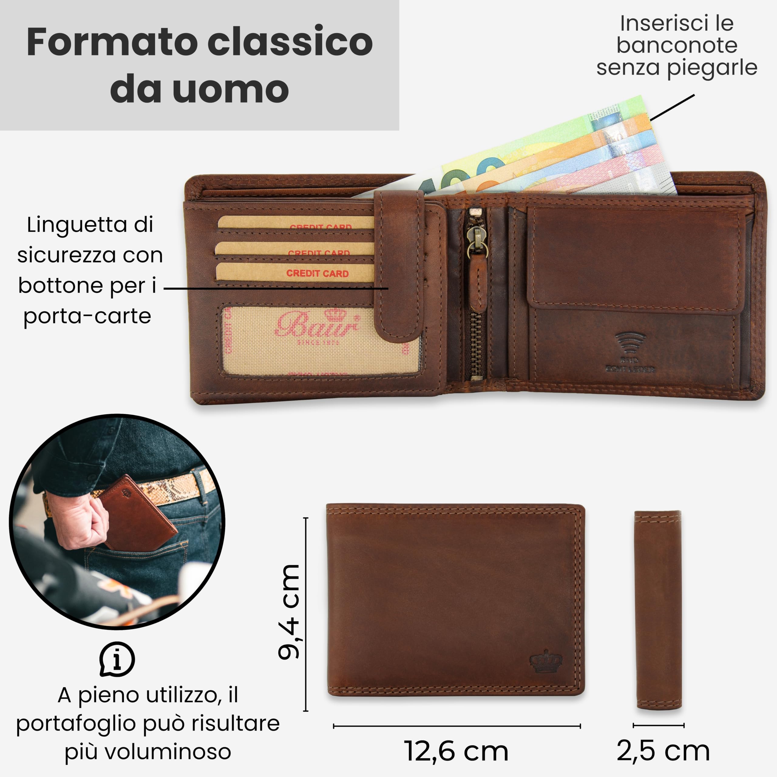 Baur portafoglio da uomo – vera pelle con protezione RFID – portafoglio in pelle orizzontale con 9 scomparti carte e scomparto monete (Formato orizzontale con bottone interno, Marrone scuro)