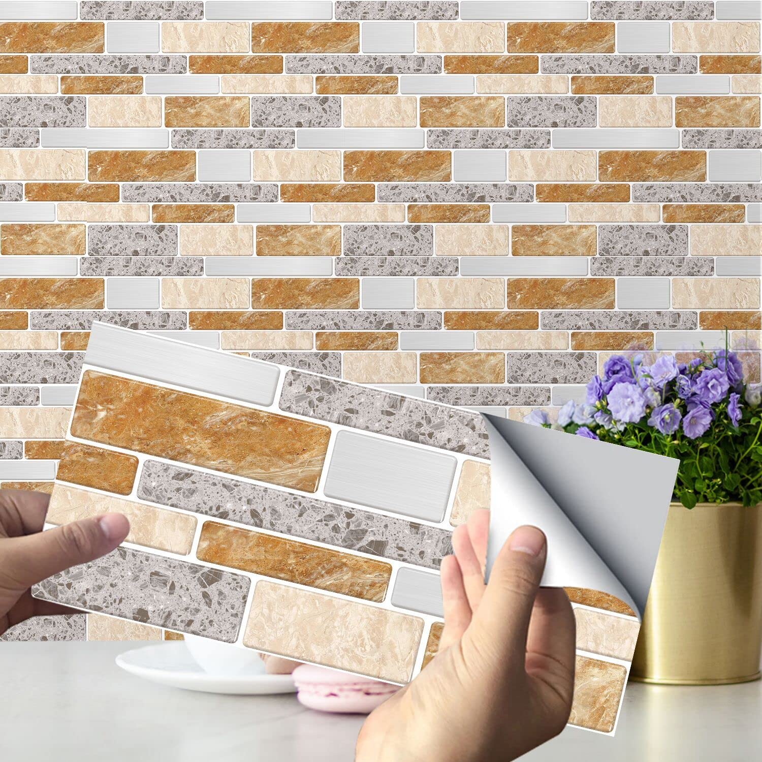 Autocollants muraux effet marbre T101 gris lot de 12 pièces pour rénovation cuisine et salle de bain