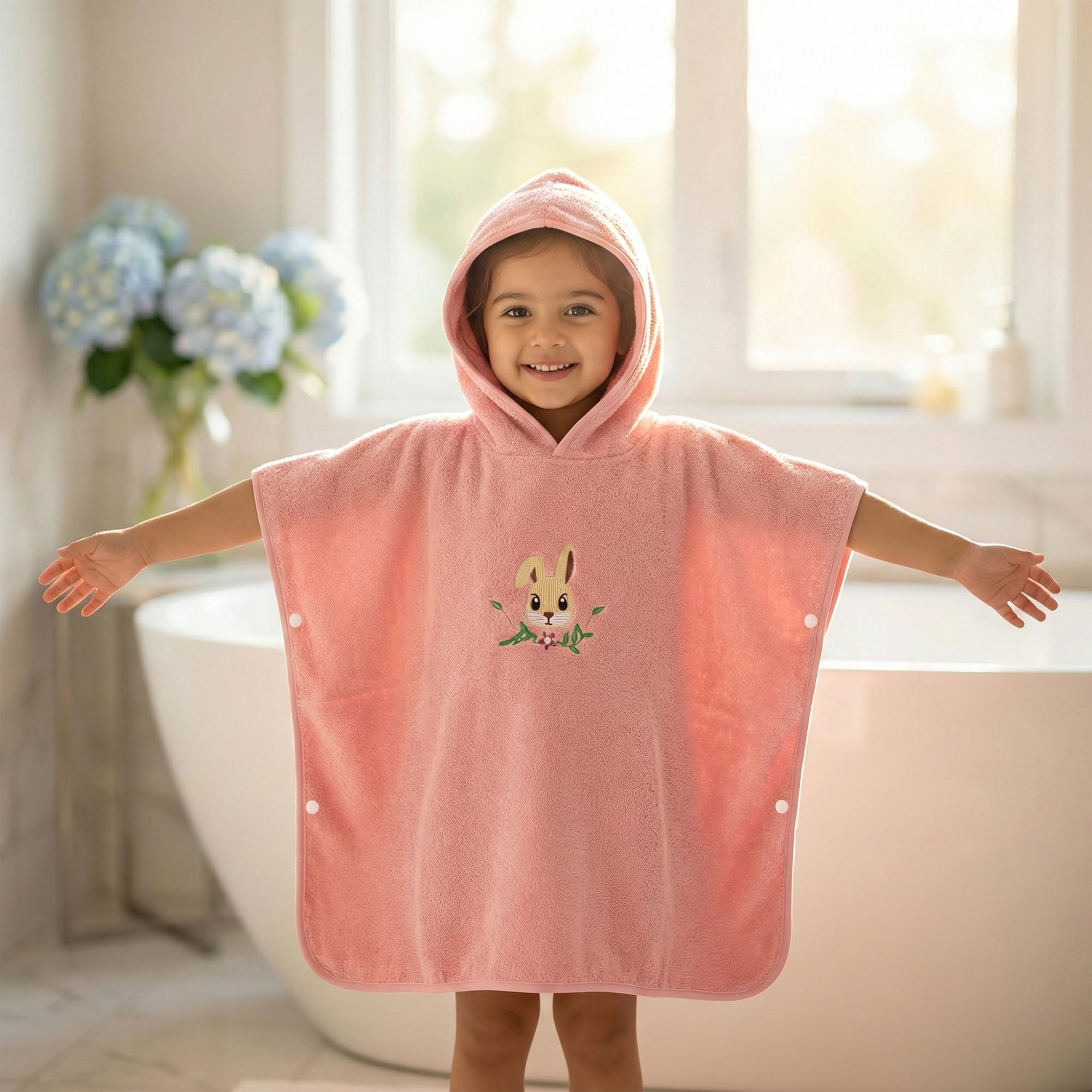 Story@Home Poncho Towel for Kids with Hood | Quick Dry Kids Towel | Soft Lightweight Baby Wrap for Beach 300 GSM 120 X 60CM Pool Towel for Boys & Girls |Kids microfiber towels for bath -Peach - Rabbit-image-6