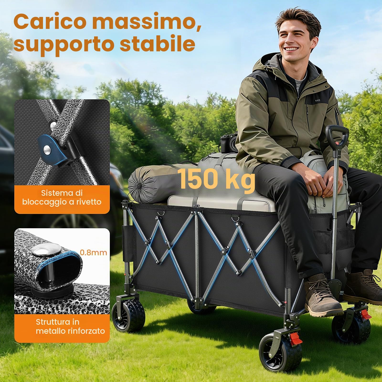 YEAUPE PRO Carrello Spiaggia Pieghevole con Ruote Portatutto, Grande Capacità, Doppi Freni, Doppia Forcella Rinforzata, Ruote Grandi, Manico Regolabile, Rete Elastica Inclusa, 250kg/255L, Nero