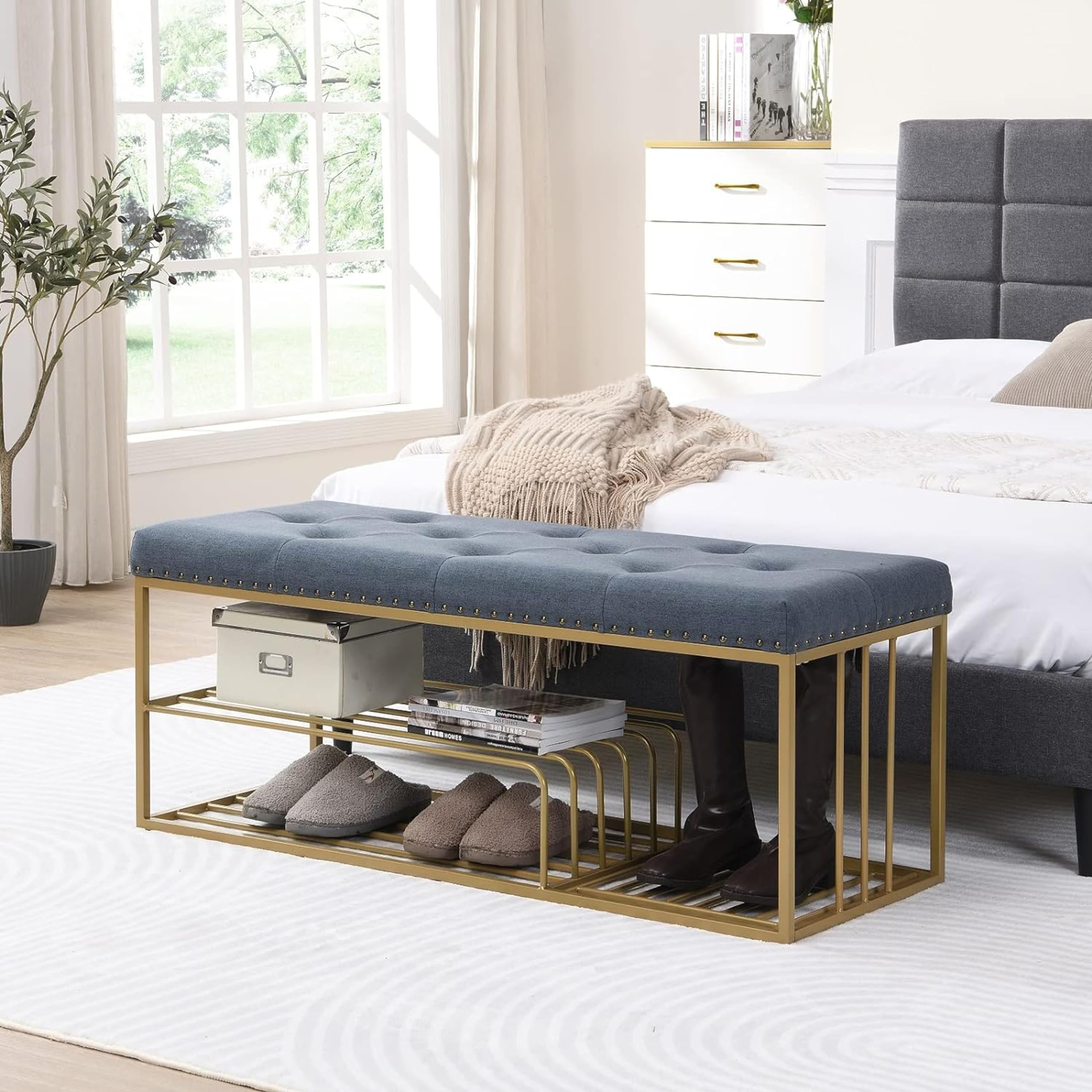 Dence Store Metal End of Bed Bench-Upholstered Entry Shoe Storage with Nailhead Trim,Black Mental Frame Ottoman Bench for Bedroom Entry Window Mudroom Living Room (Blue)