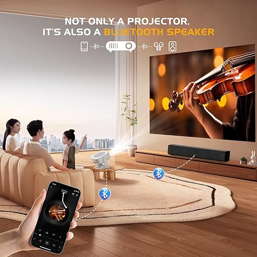 Vista 7 de Proyector inteligente para exteriores con soporte 4K con WIFI 6 y Bluetooth 5.2 con aplicaciones integradas, mini proyector inalámbrico nativo
