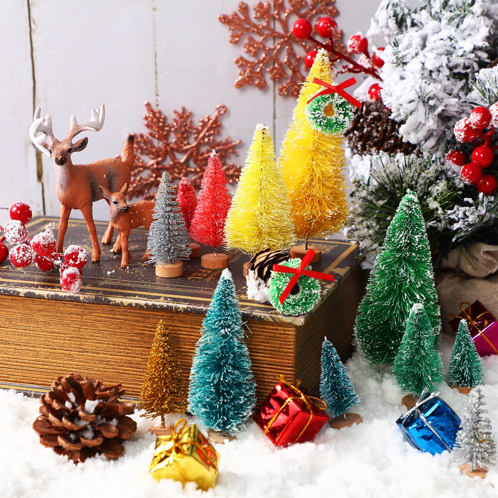 DECARETA 35Pcs Sapin De Noël Artificiel Mini Sisal - 4 Tailles Avec Base En Bois - Idéal Pour Décoration, Chambre, DIY, Fête