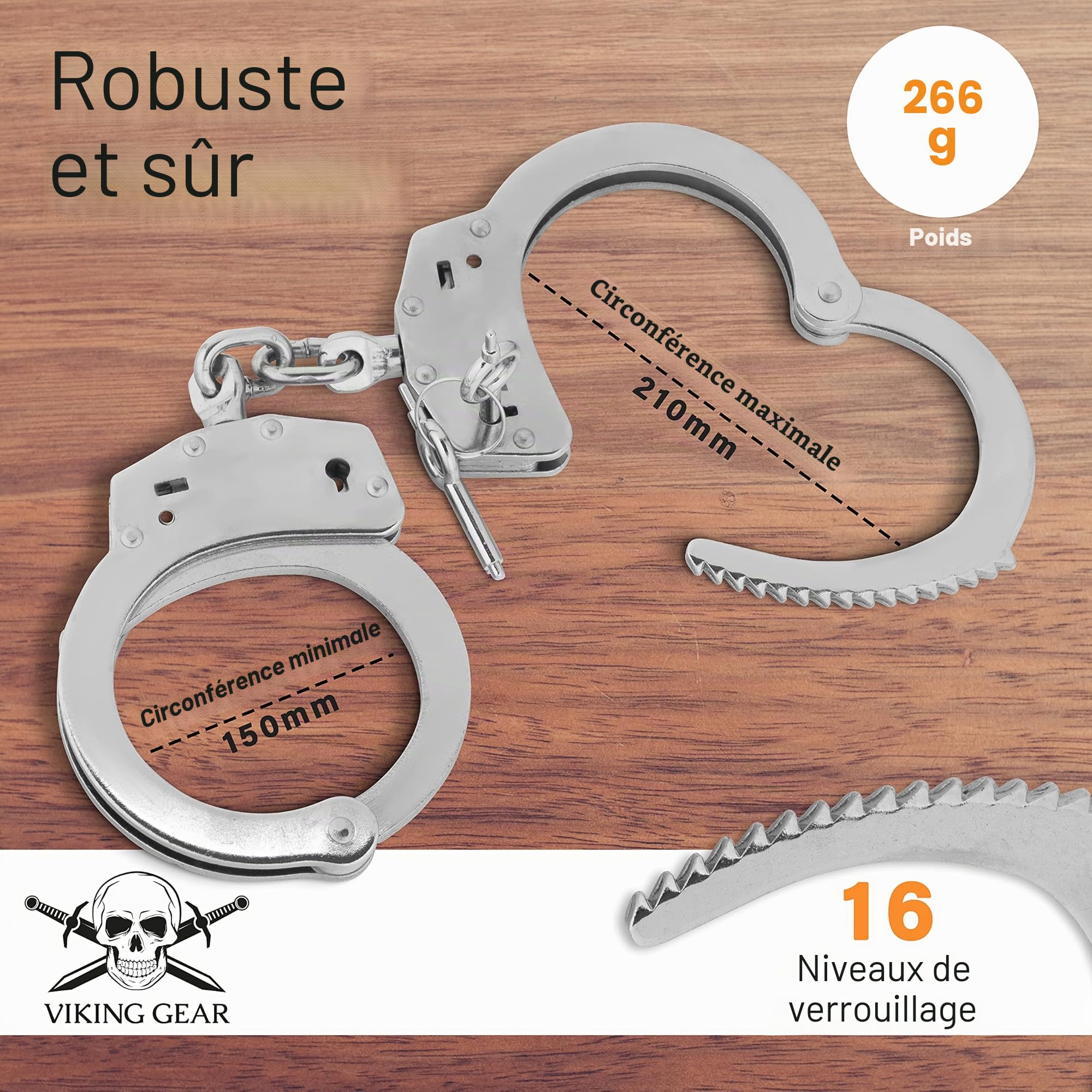 Menottes professionnelles VIKING GEAR® en acier trempé argenté avec 2 clés - Qualité professionnelle - Accessoire de sécurité - Menottes pour le sexe - Handcuffs sex