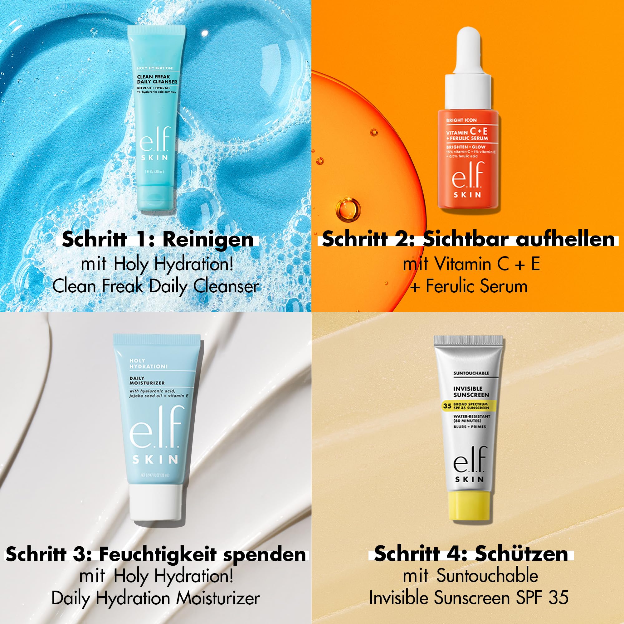 e.l.f. SKIN Wake the e.l.f. Up Skincare Kit, Feuchtigkeitsspendender Gesichtsreiniger in Reisegröße, Sonnenschutz, Feuchtigkeitscreme und aufhellendes Serum, Vegan und tierversuchsfrei