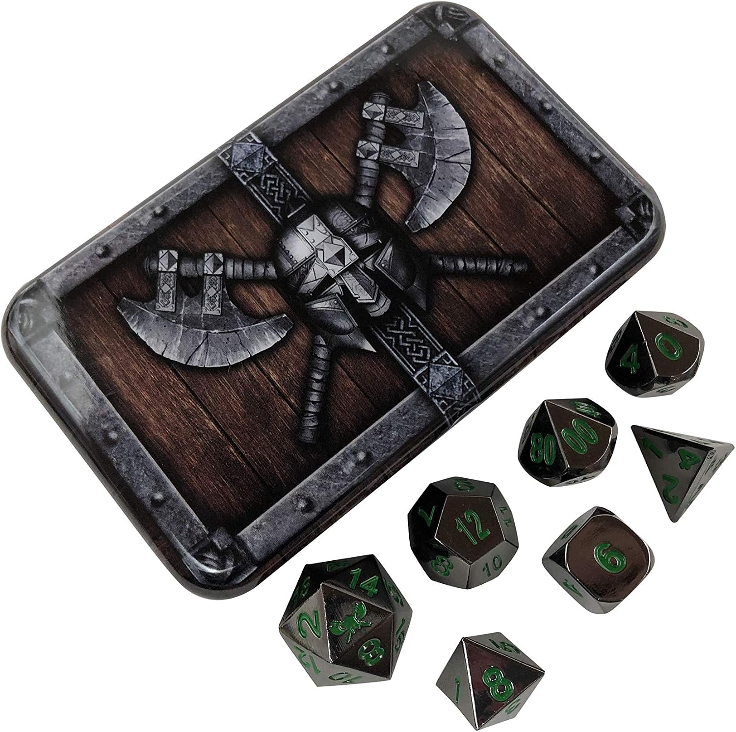 SkullSplitter Metal DND Dice Set - Shiny Black with Green Numbers - Set of 7 Solid Polyhedral Metal Dice for RPG - Heavy Duty DND Dice for Tabletop RPG, Fantasy and Sci-Fi Games - Includes Metal Case