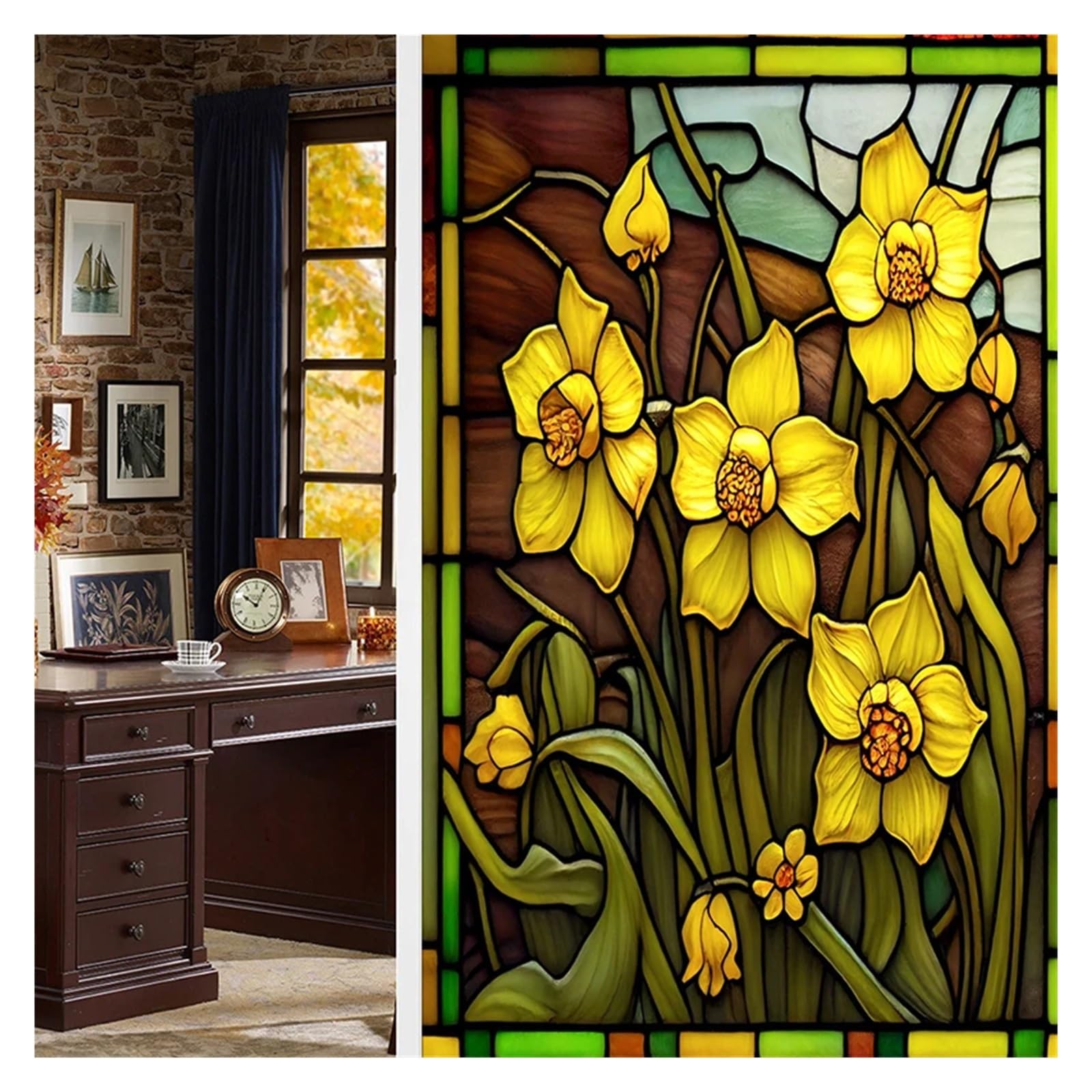 Colorful Retro Flower Bird PVC Electrostatic Glass Stickers Stained Static Cling Frosted Glass Film(Color 23)