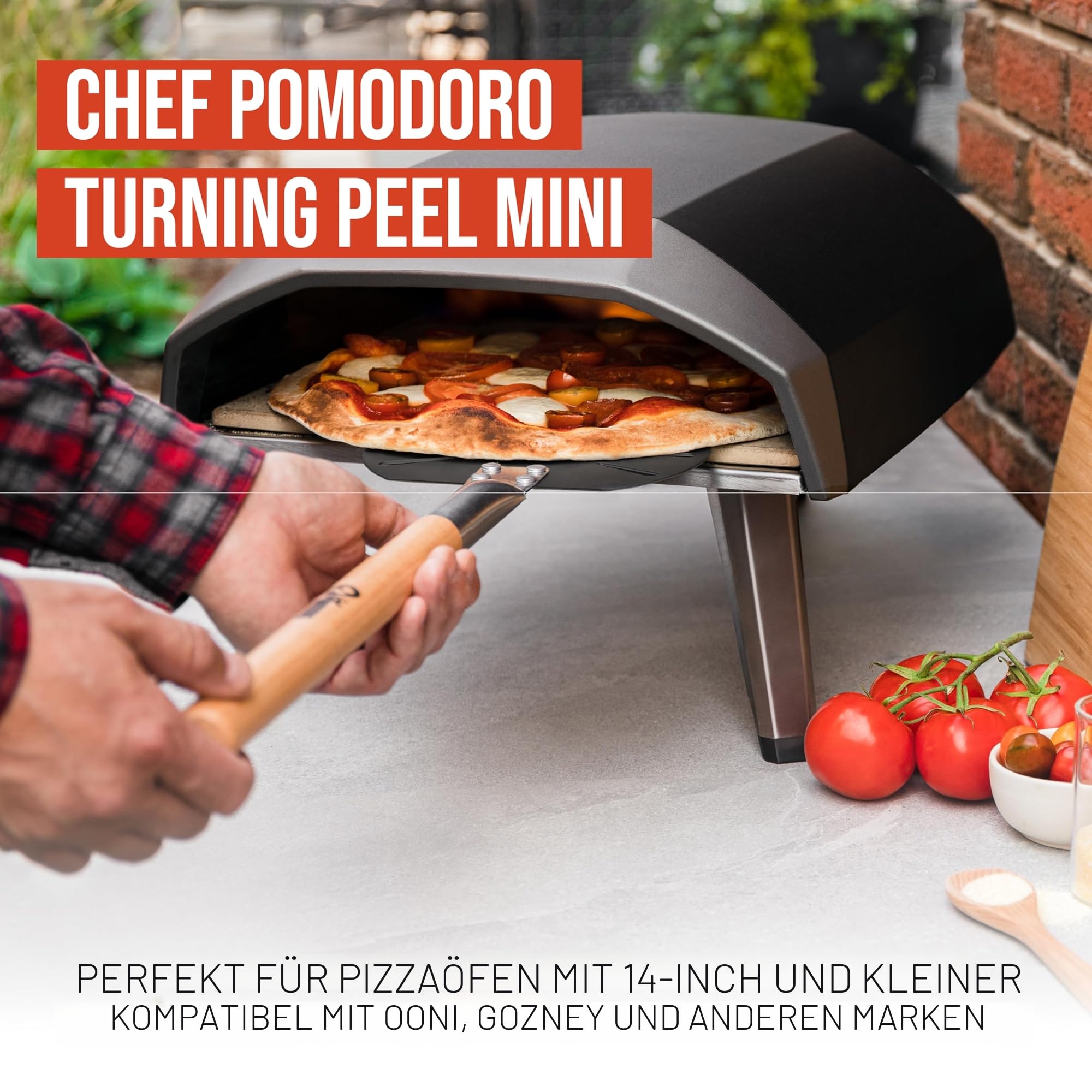 Chef Pomodoro Pizzaschieber – Pizzaschaufel – Pizza Schaufel Metall – Aluminium Pizzaschieber mit Holzgriff – Pizzaschieber für Pizzastein - Pizza Schaufel für den Grill & Backofen (17,8 cm)