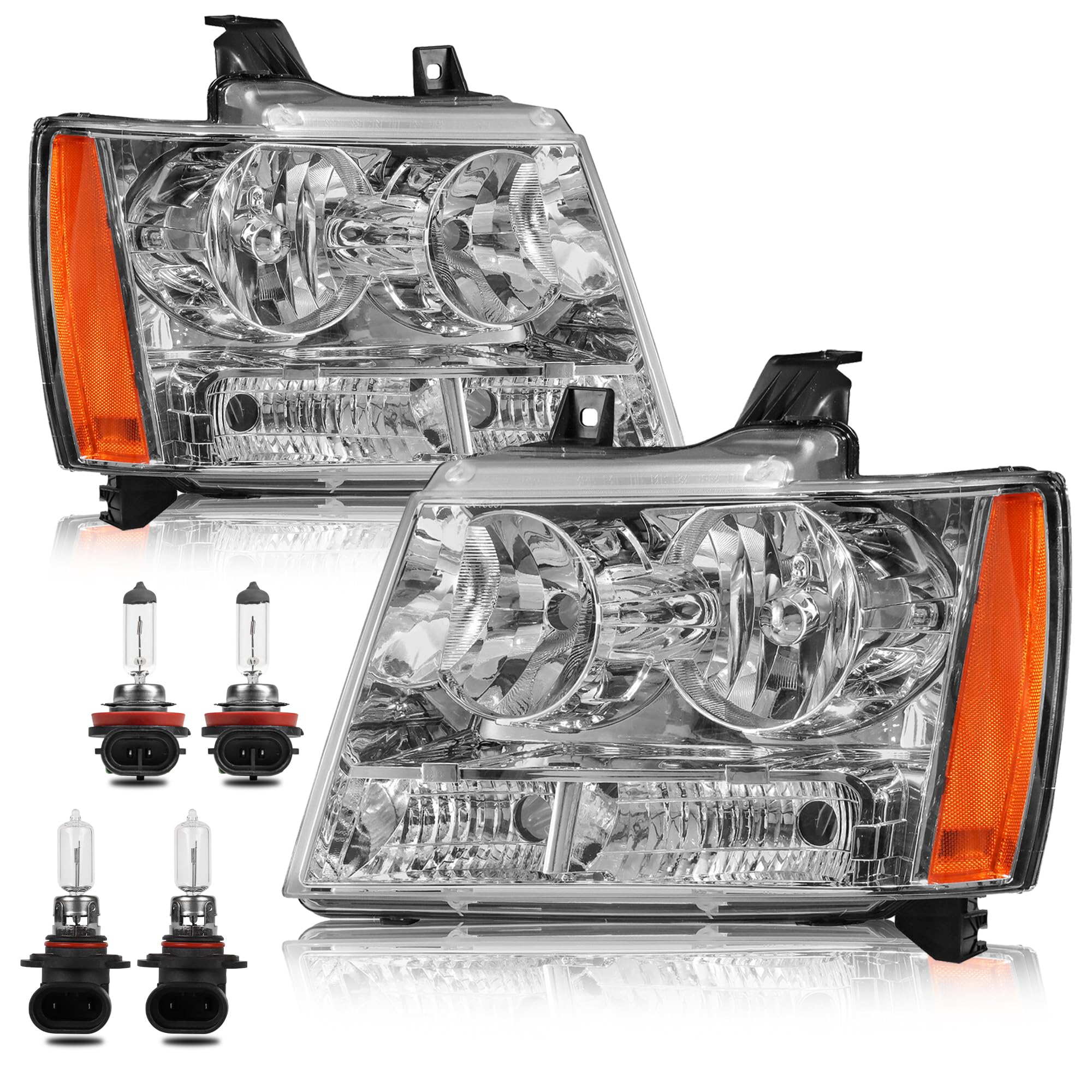 KUIPERAUTO Headlight Assembly Compatible with 2007-2014 Chevy Tahoe Suburban 1500/2007-2013 Avalanche Suburban 2500 Front Lamp w/Bulb with Chrome Housing/Clear Lens/Amber Corner