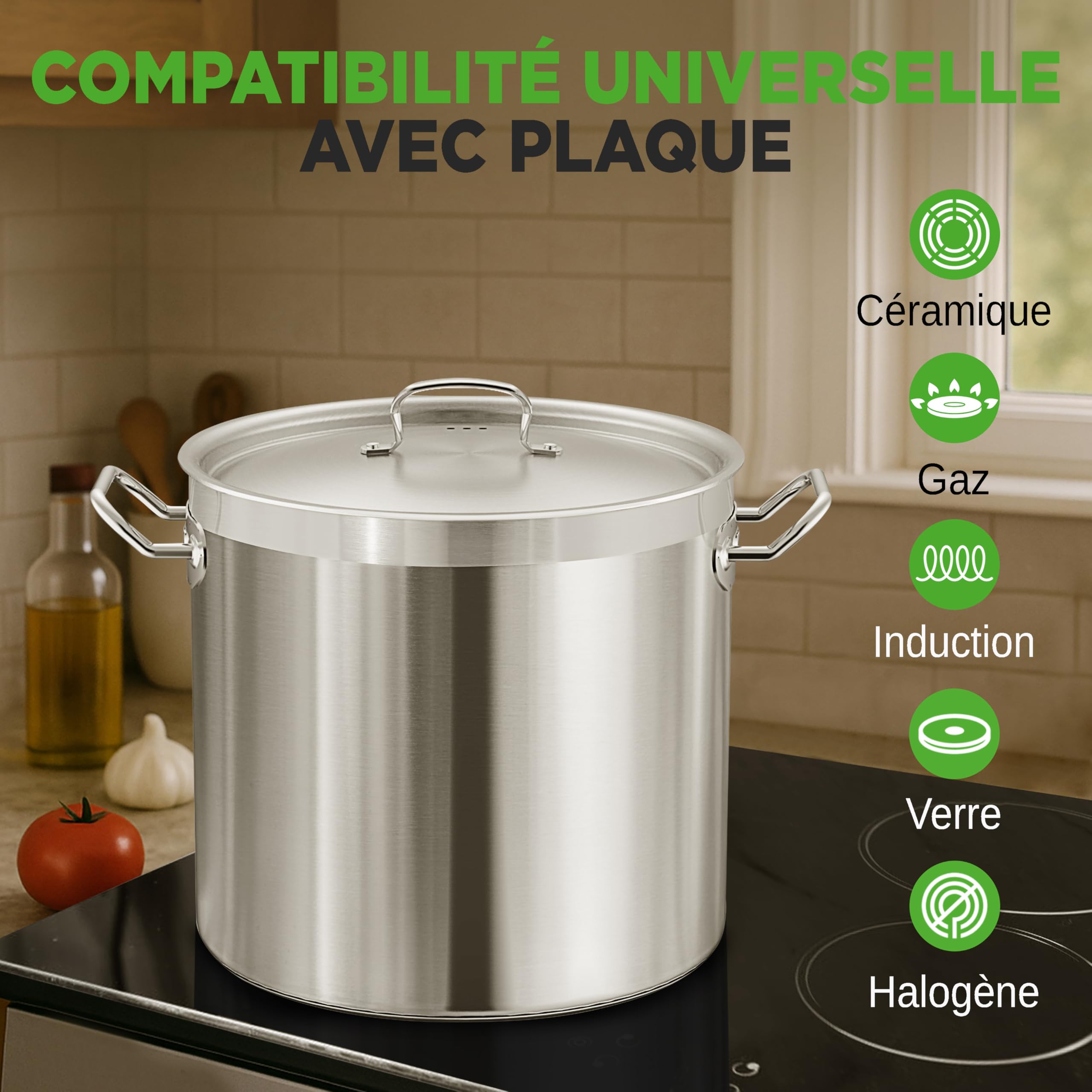 NutriChef Marmite Inox 35 QT (31 L) avec Couvercle – Grande Marmite à Soupe, Faitout Inox Tous Feux dont Induction – Grande Capacité Acier Inoxydable