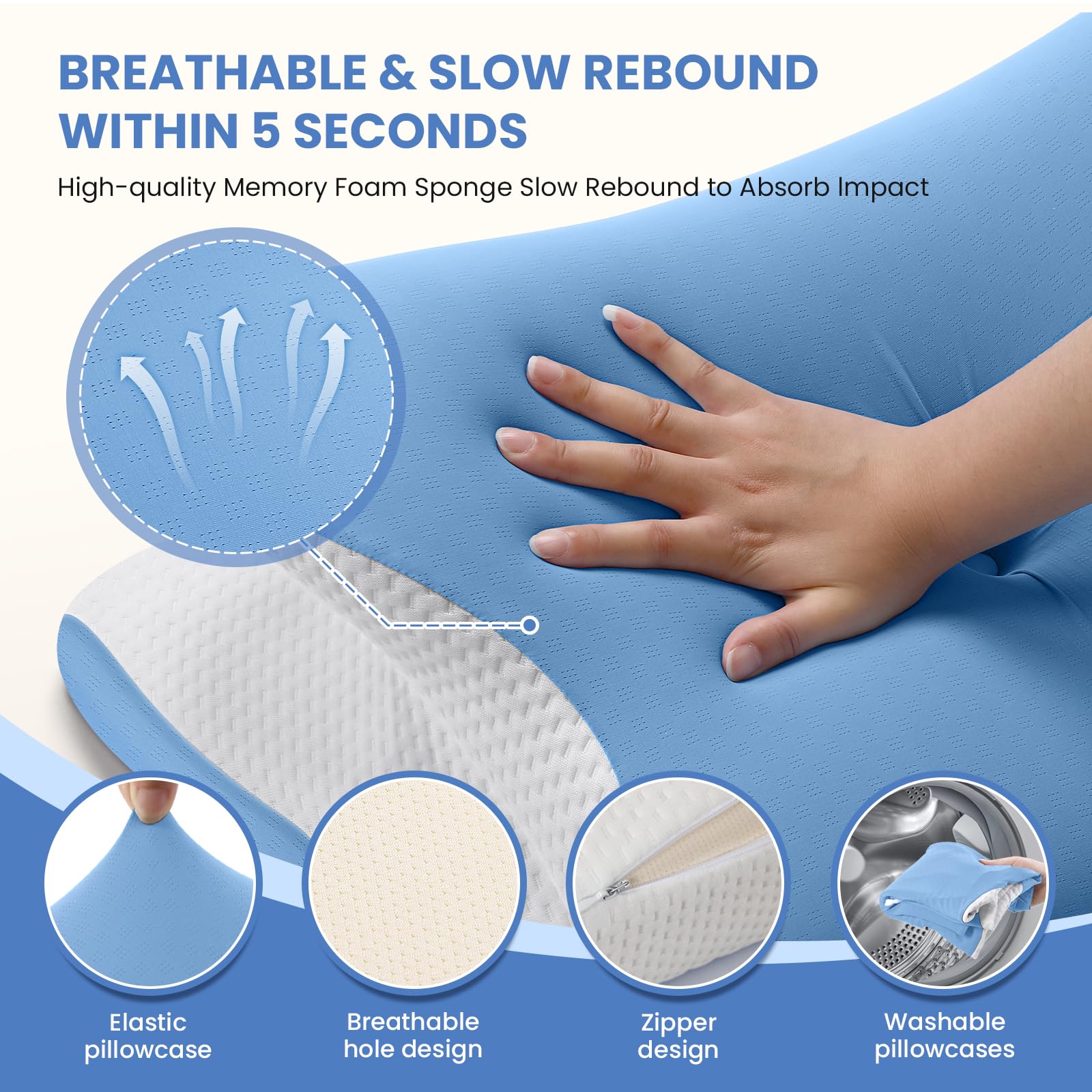 A-Pce APCE Cuscino Cervicale Memory Foam, Cuscino Ortopedico Ergonomico per Dolori al Collo e alle Spalle, Cuscini per Dormire sul Fianco Rinfrescante con Federa Lavabile in Seta Rinfrescante, Blu