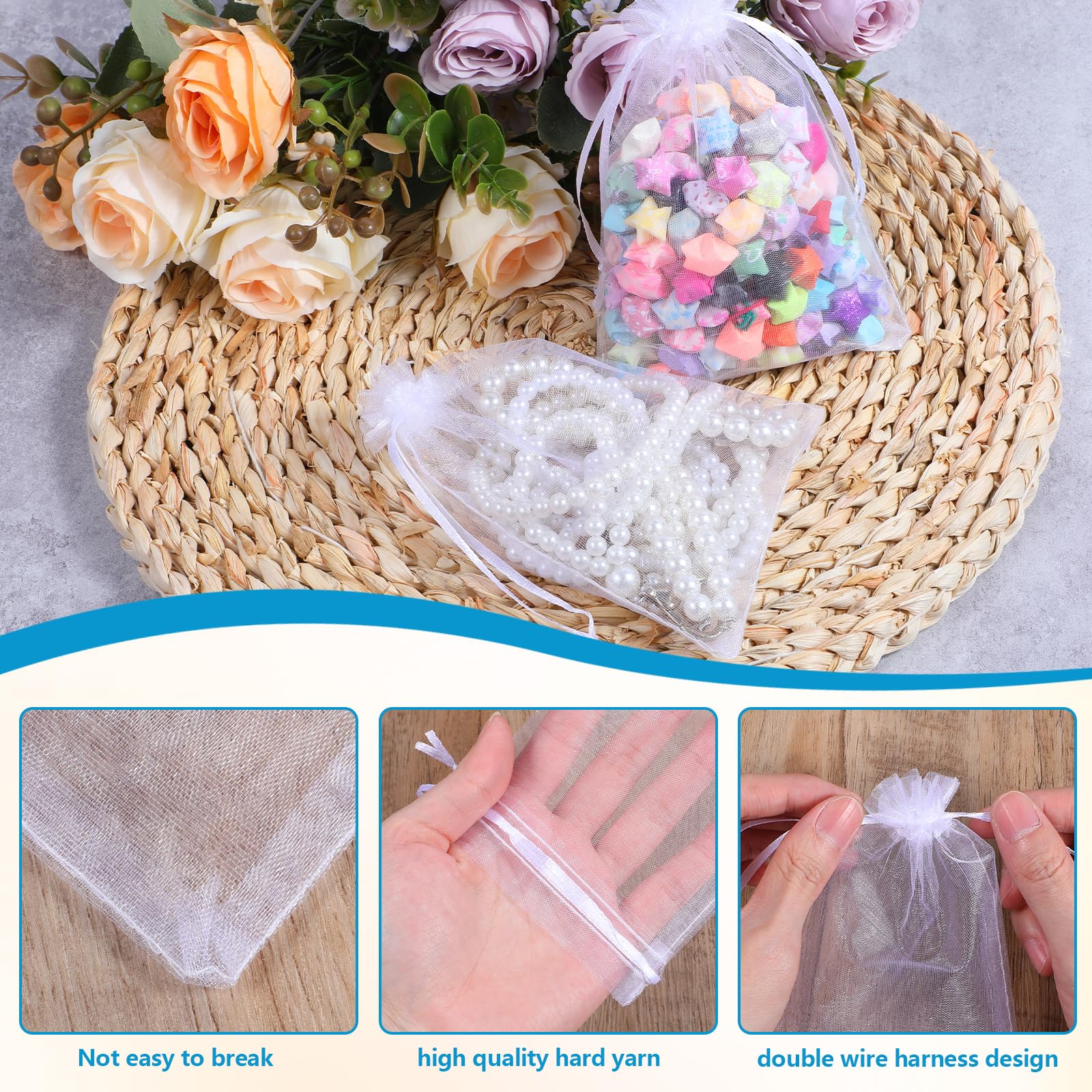 50 Sacchetti Organza Bianchi 10x15 Cm Con Cordino - Per Gioielli, Regali, Caramelle, Bomboniere E Feste