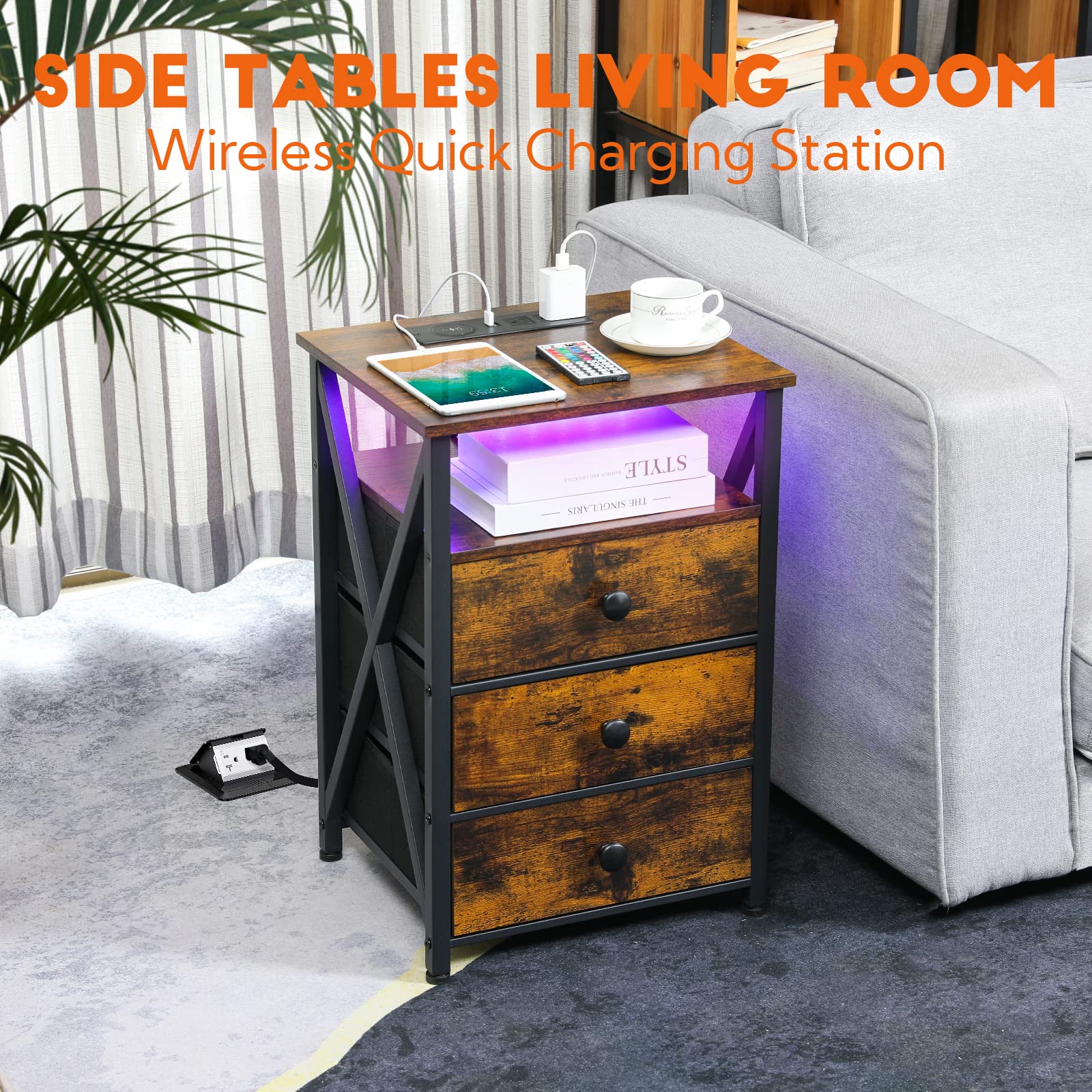 AMHANCIBLE LED Nightstands Set of 2, End Side Table with Wireless Charging Station, Bedside Table with USB Port & Power Outlet, Modern Night Stand with Fabric Drawers for Bedroom Living Room HET053LBR